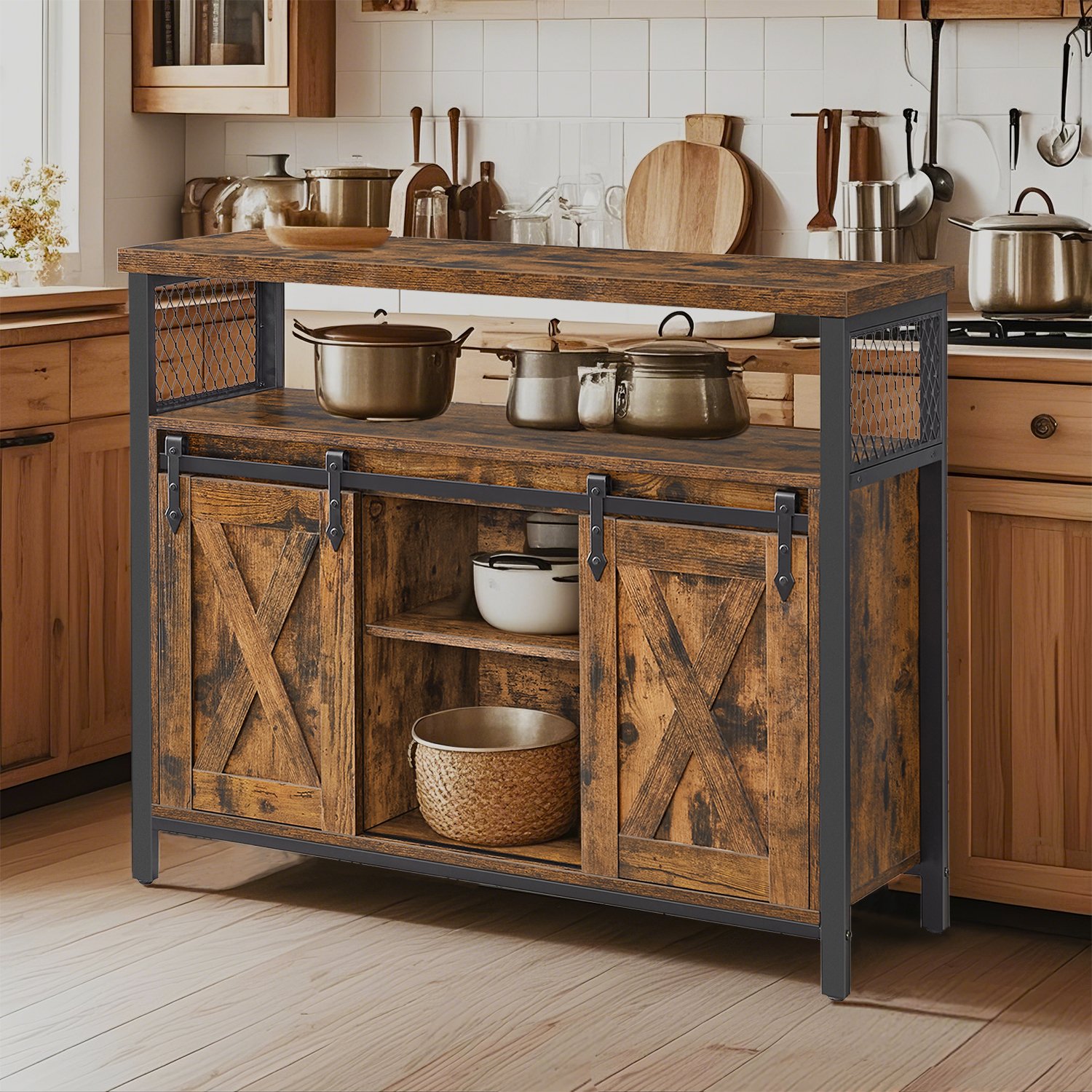 Buffet Cabinet - VERRA Barn Door Sideboard with Adjustable Shelves - Brown - Indigo Home
