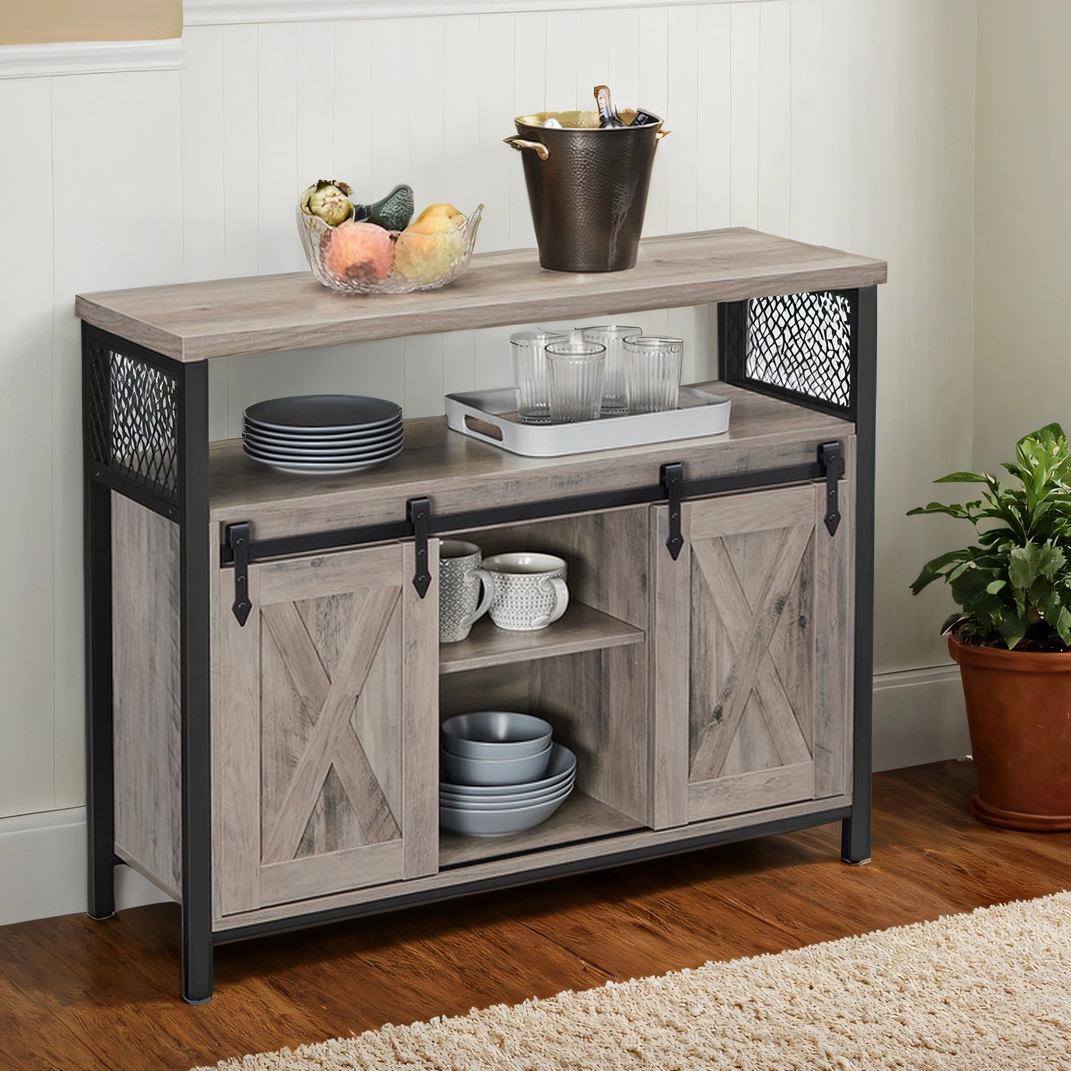 Buffet Cabinet - VERRA Barn Door Sideboard with Adjustable Shelves - Natural Grey - Indigo Home