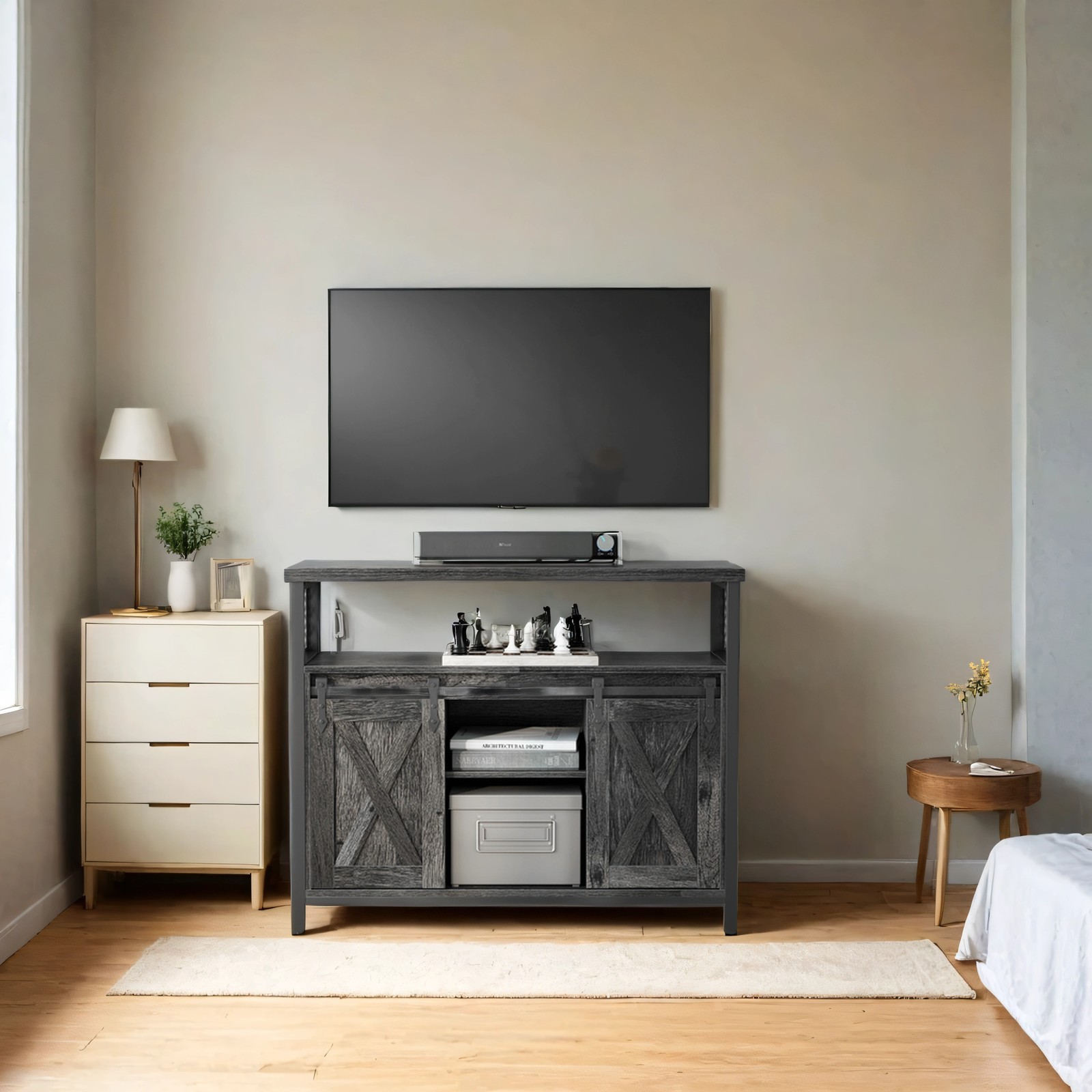 Buffet Cabinet - VERRA Barn Door Sideboard with Adjustable Shelves - Charcoal - Indigo Home