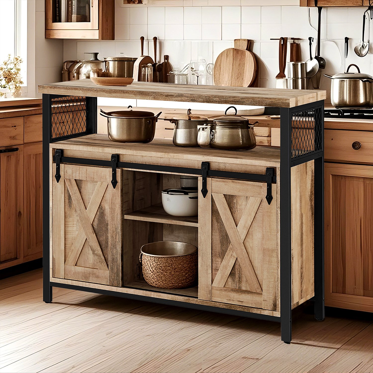 Buffet Cabinet - VERRA Barn Door Sideboard with Adjustable Shelves - Natural Black - Indigo Home