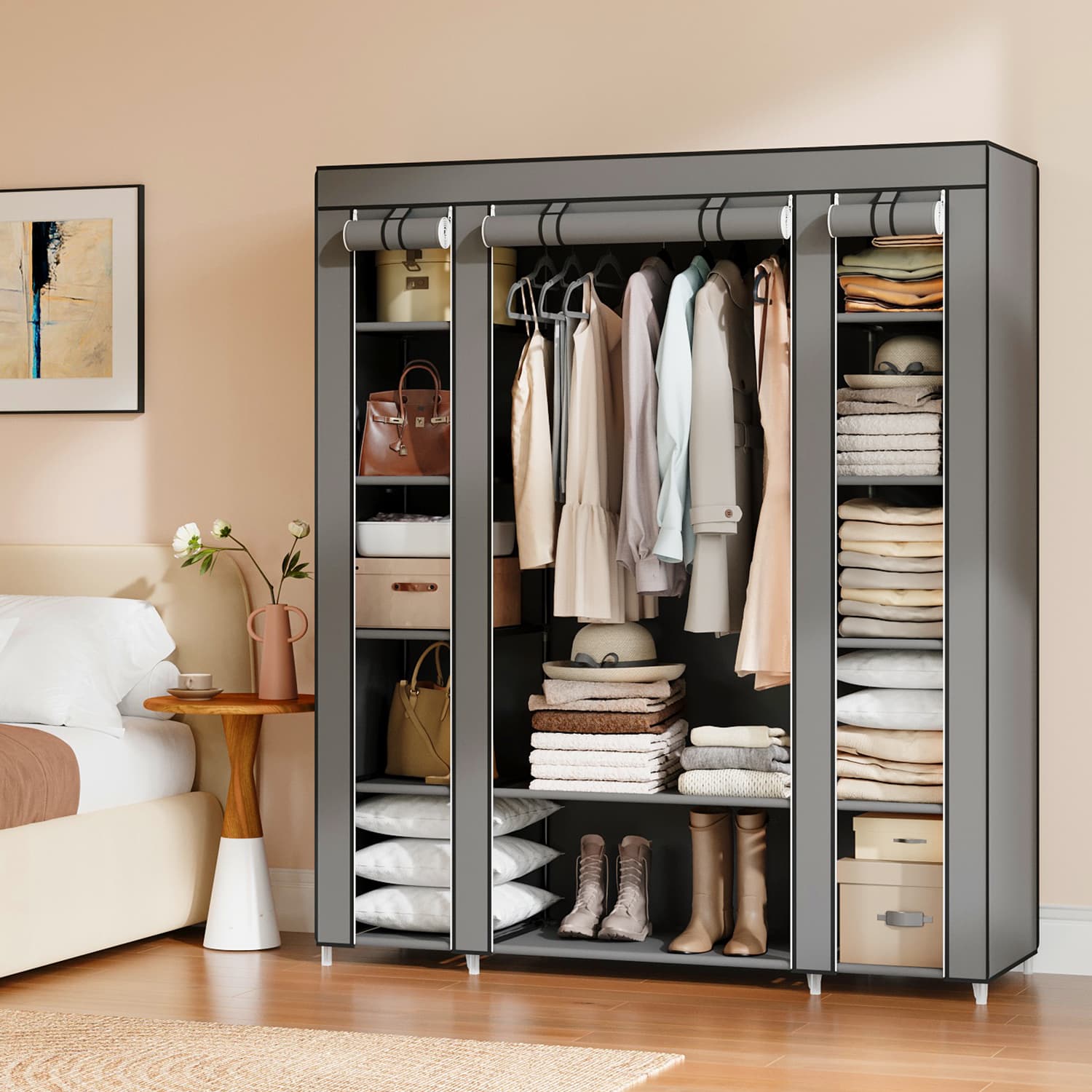 Closet Wardrobe - VERRA Portable Bedroom Closet with Clothes Rail and Fabric Cover - Grey - Indigo Home