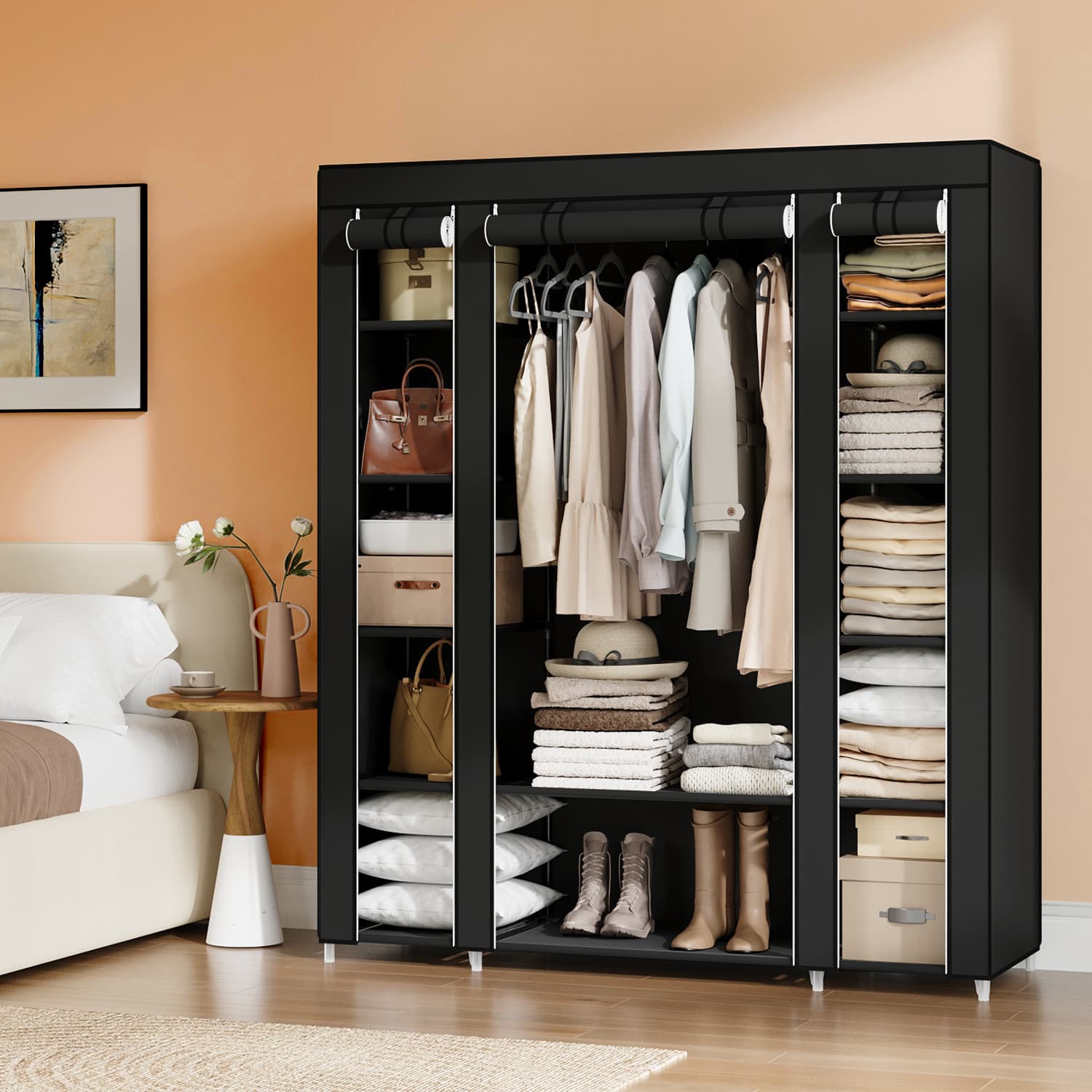 Closet Wardrobe - VERRA Portable Bedroom Closet with Clothes Rail and Fabric Cover - Black - Indigo Home