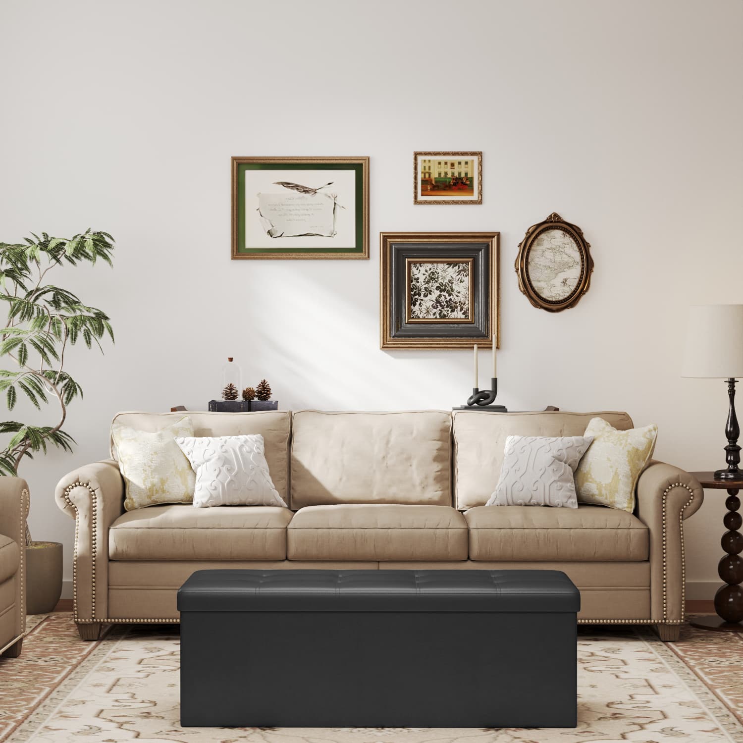 Ottoman Bench - VERRA Folding Storage Bench PU Leather 110 cm - Black - Indigo Home