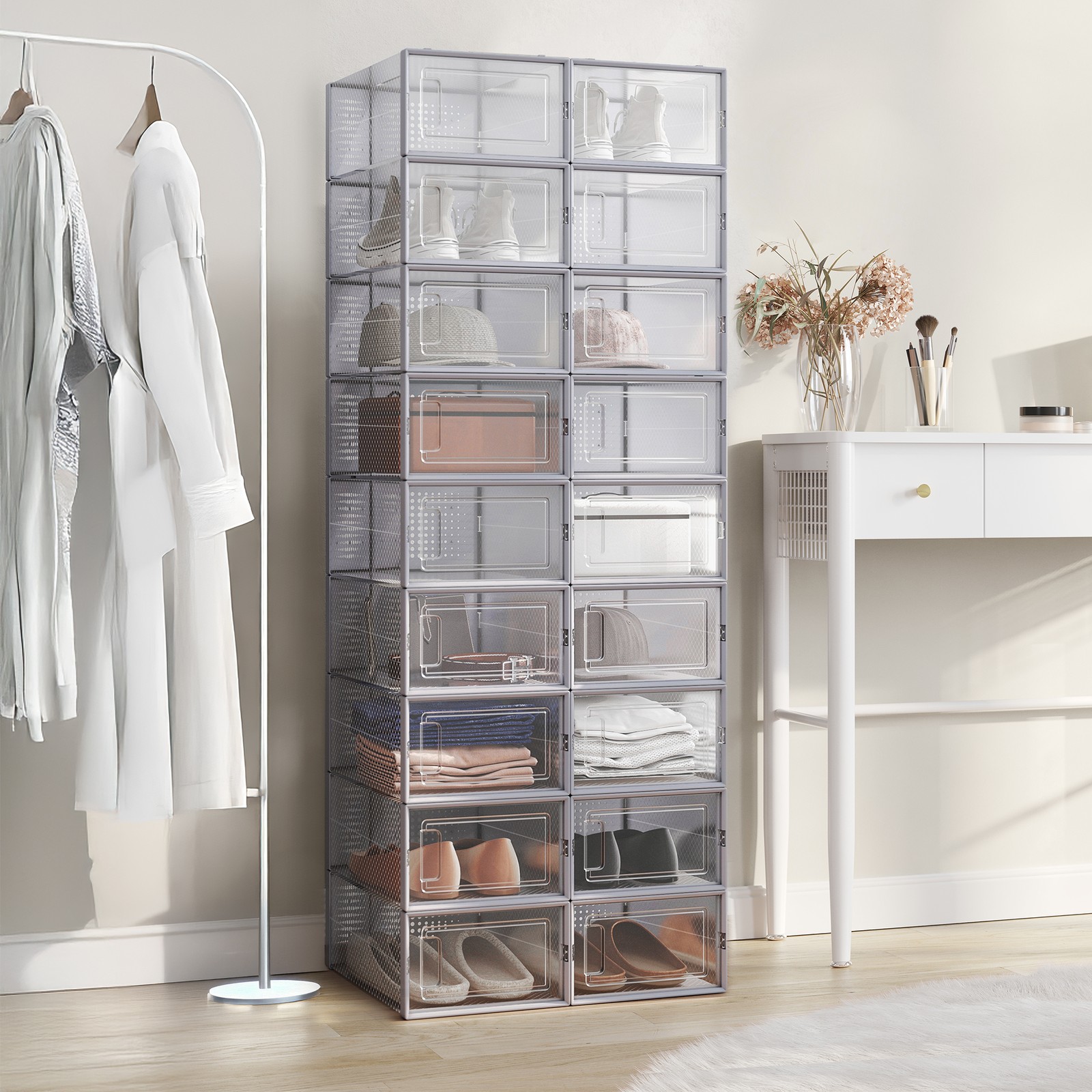 VERRA Shoe Box - 12 Pack Stackable Storage Small Sized ShoeBox - Grey - Indigo Home