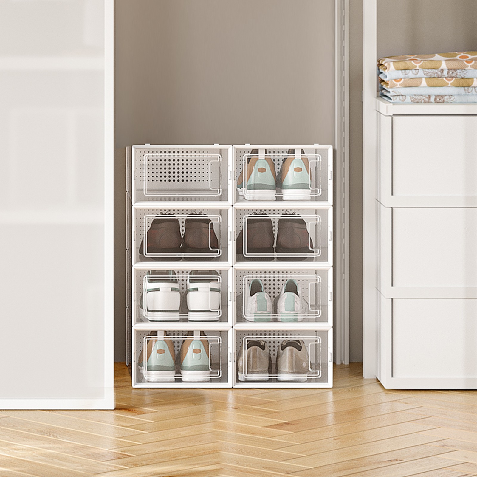 VERRA Shoe Box - 8 Pack Stackable Storage Small Sized ShoeBox - White - Indigo Home