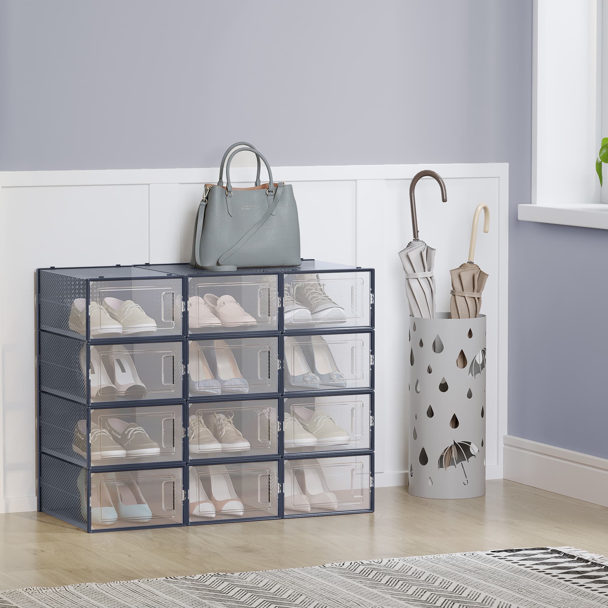VERRA Shoe Box - 12 Pack Stackable Storage Small Sized ShoeBox - Blue - Indigo Home
