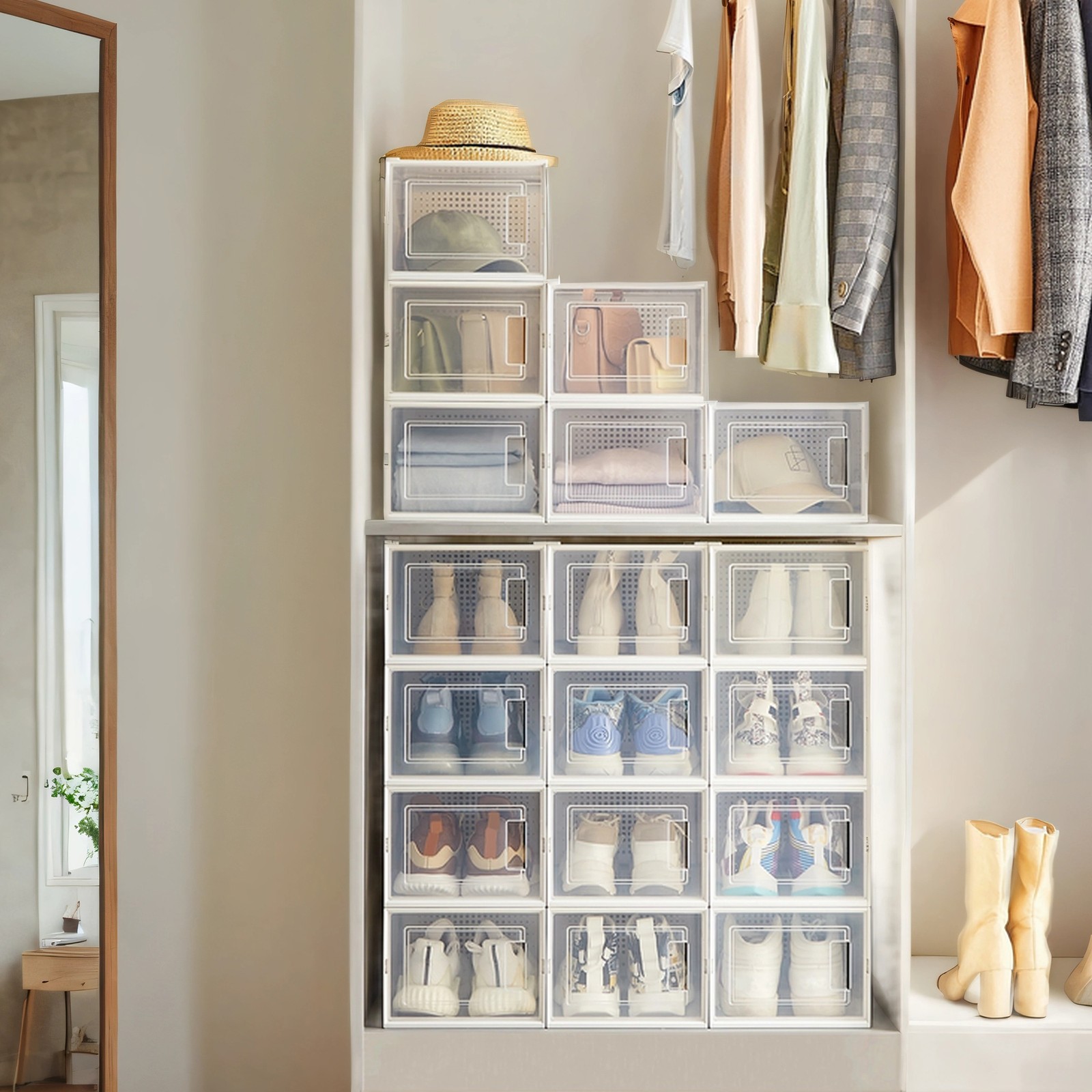 VERRA Shoe Box - 18 Pack Stackable Storage Small Sized ShoeBox - White - Indigo Home