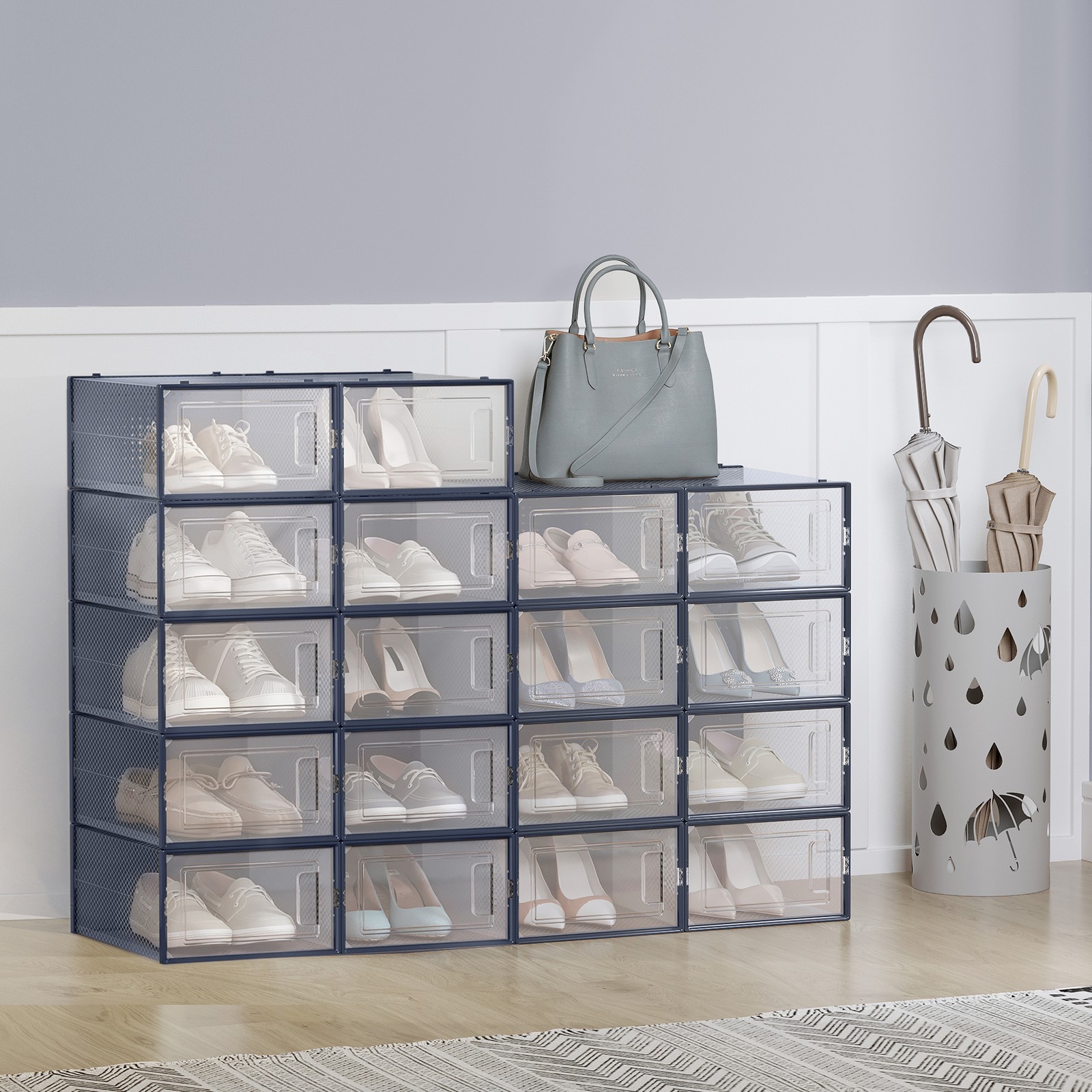 VERRA Shoe Box - 18 Pack Stackable Storage Small Sized ShoeBox - Blue - Indigo Home