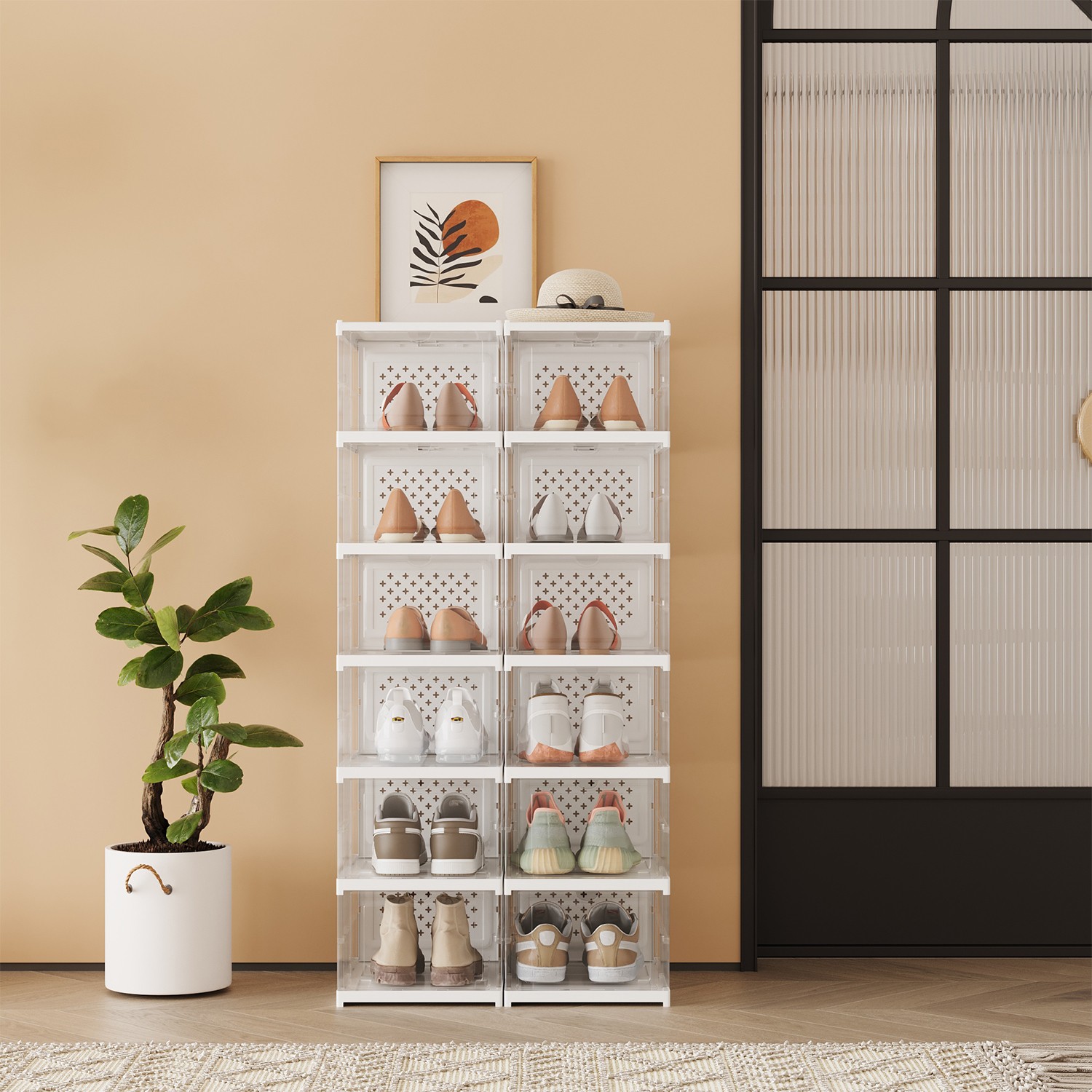 VERRA Shoe Box - 12 Slots Storage Tall Large Sized ShoeBox - White - Indigo Home