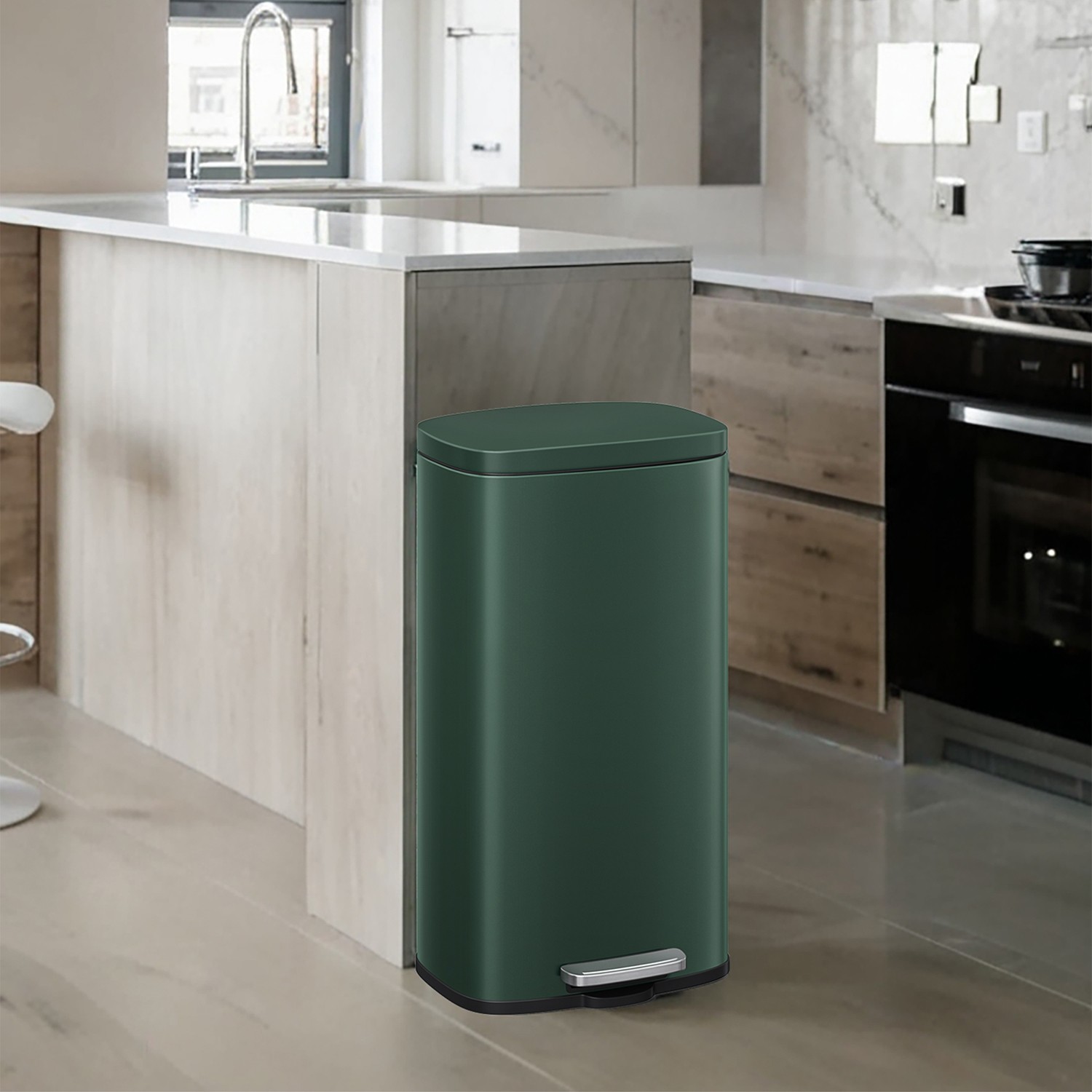 Kitchen Bin - VERRA 30L Pedal Rubbish Bin with Soft-Close Lid and Inner Bucket - Green - Indigo Home