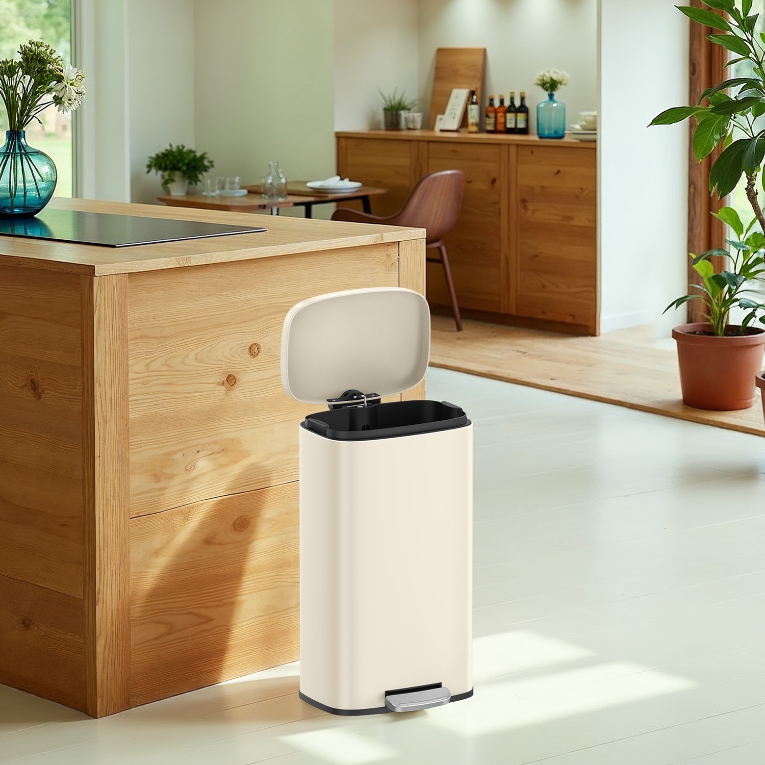 Kitchen Bin - VERRA 30L Pedal Rubbish Bin with Soft-Close Lid and Inner Bucket - Sand Beige - Indigo Home
