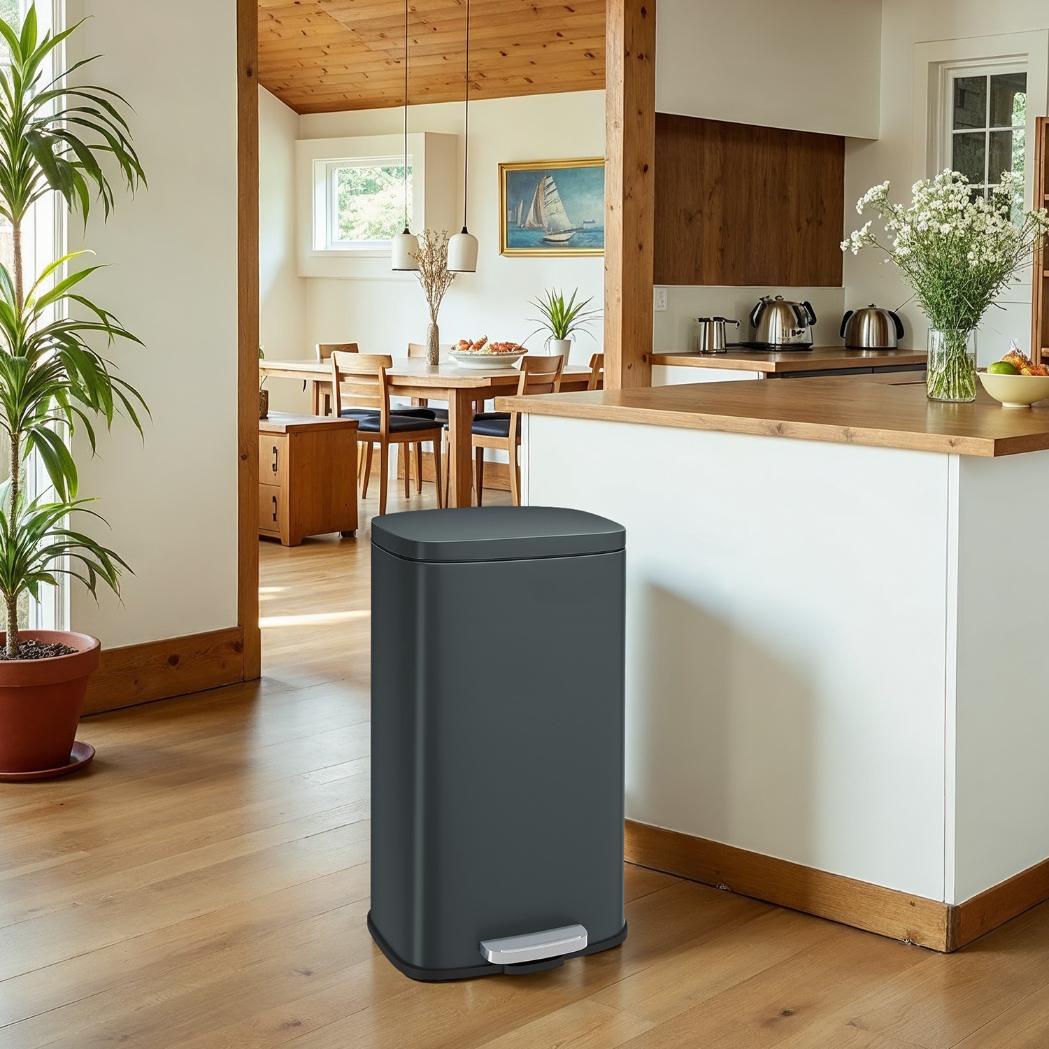 Kitchen Bin - VERRA 30L Pedal Rubbish Bin with Soft-Close Lid and Inner Bucket - Greenish Grey - Indigo Home