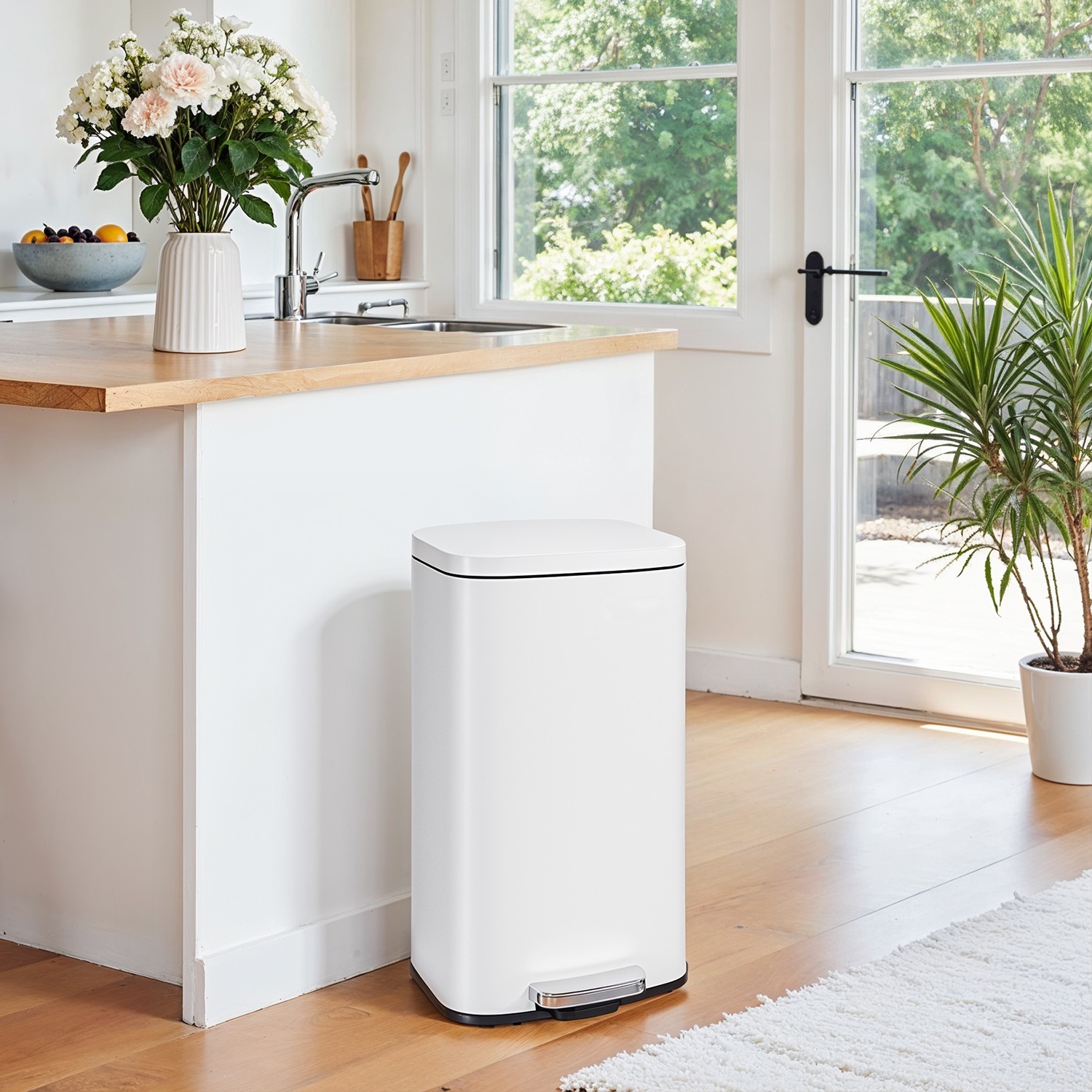 Kitchen Bin - VERRA 30L Pedal Rubbish Bin with Soft-Close Lid and Inner Bucket - White - Indigo Home