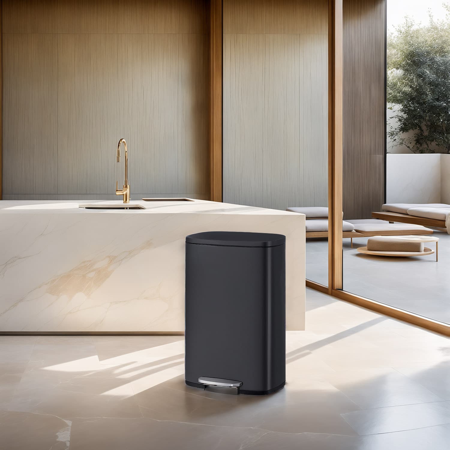 Kitchen Bin - VERRA 50L Stainless Steel Trash Bin with Foot Pedal - Black - Indigo Home