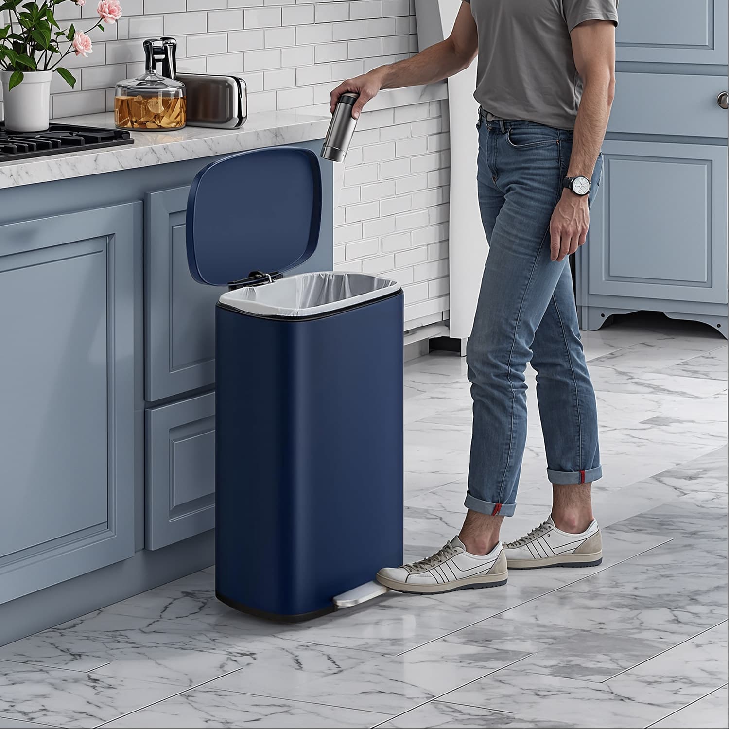 Kitchen Bin - VERRA 50L Stainless Steel Trash Bin - Blue - Indigo Home