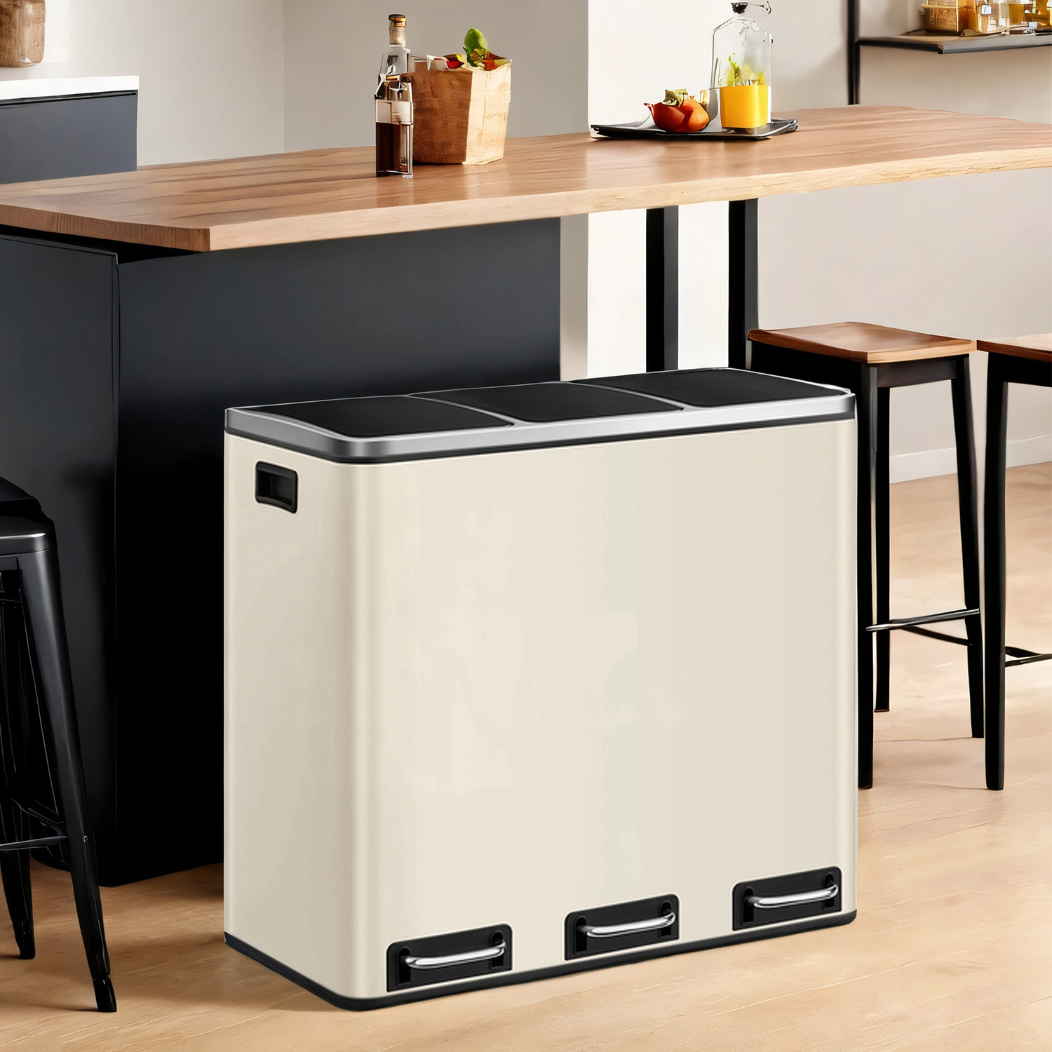Kitchen Bin - VERRA 3 Compartment Recycling Bin 3 x 18L - Sand Beige - Indigo Home