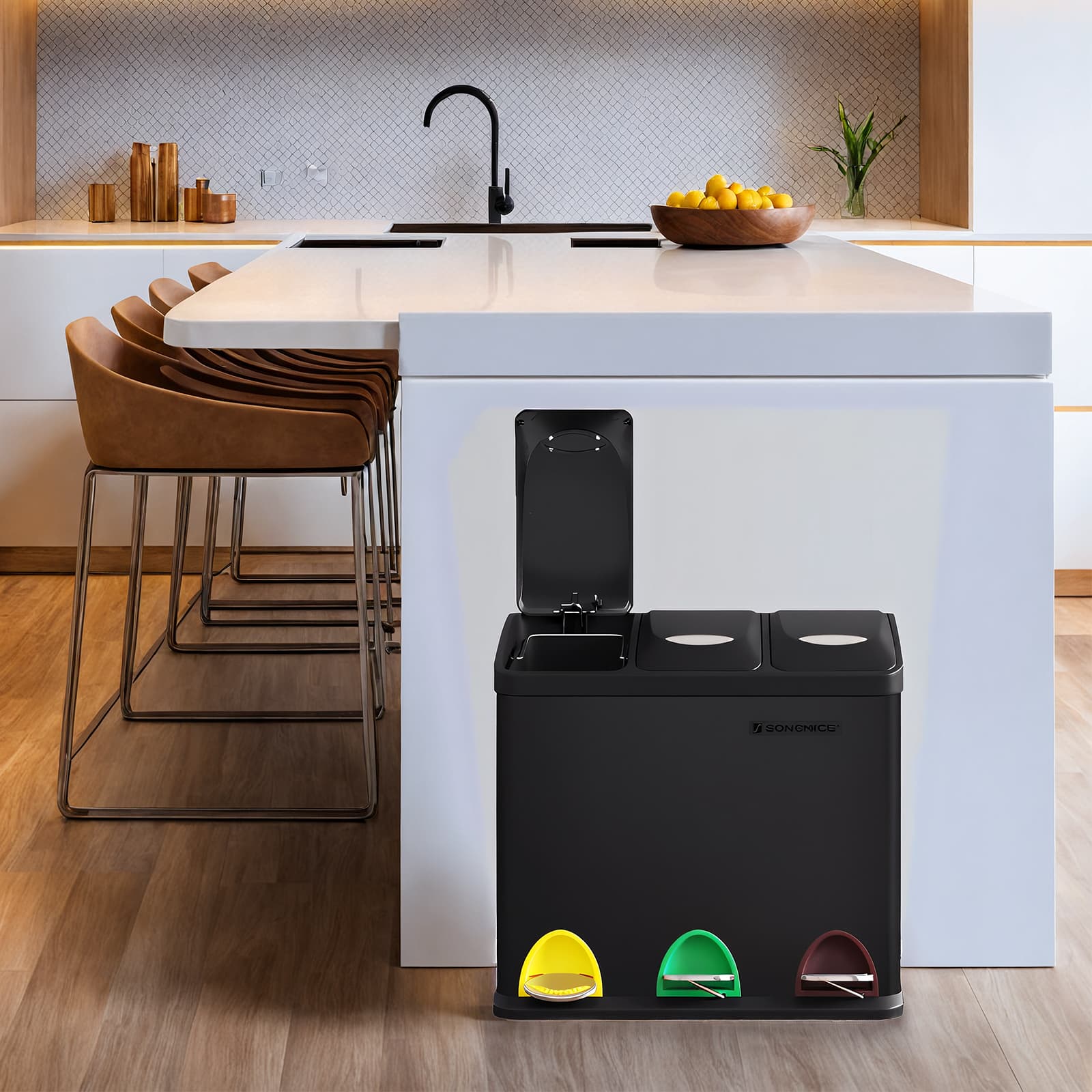 Kitchen Bin - VERRA 3 x 8L Metal Pedal Trash Bin with Lids and Bucket - Black - Indigo Home