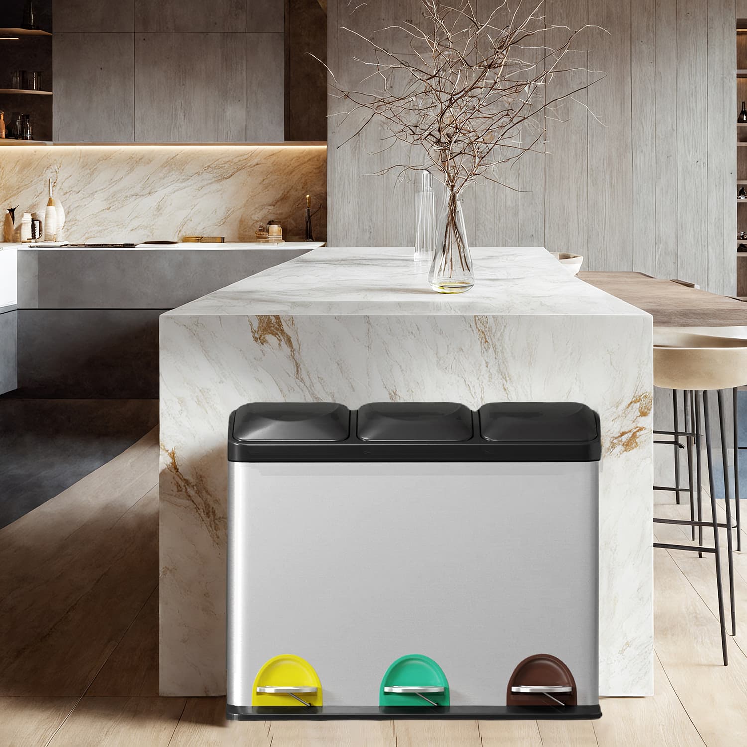 Kitchen Bin - VERRA 3 x 8L Metal Pedal Trash Bin with Lids and Bucket - Light Grey - Indigo Home
