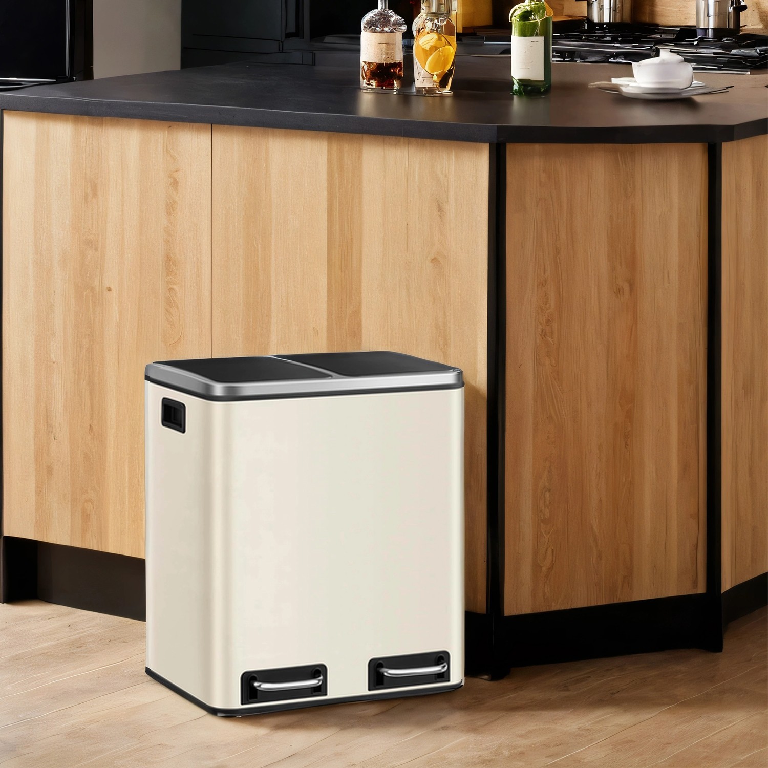 Kitchen Bin - VERRA Double 2 x 15L Pedal Rubbish Bin with Inner Bucket - Sand Beige - Indigo Home