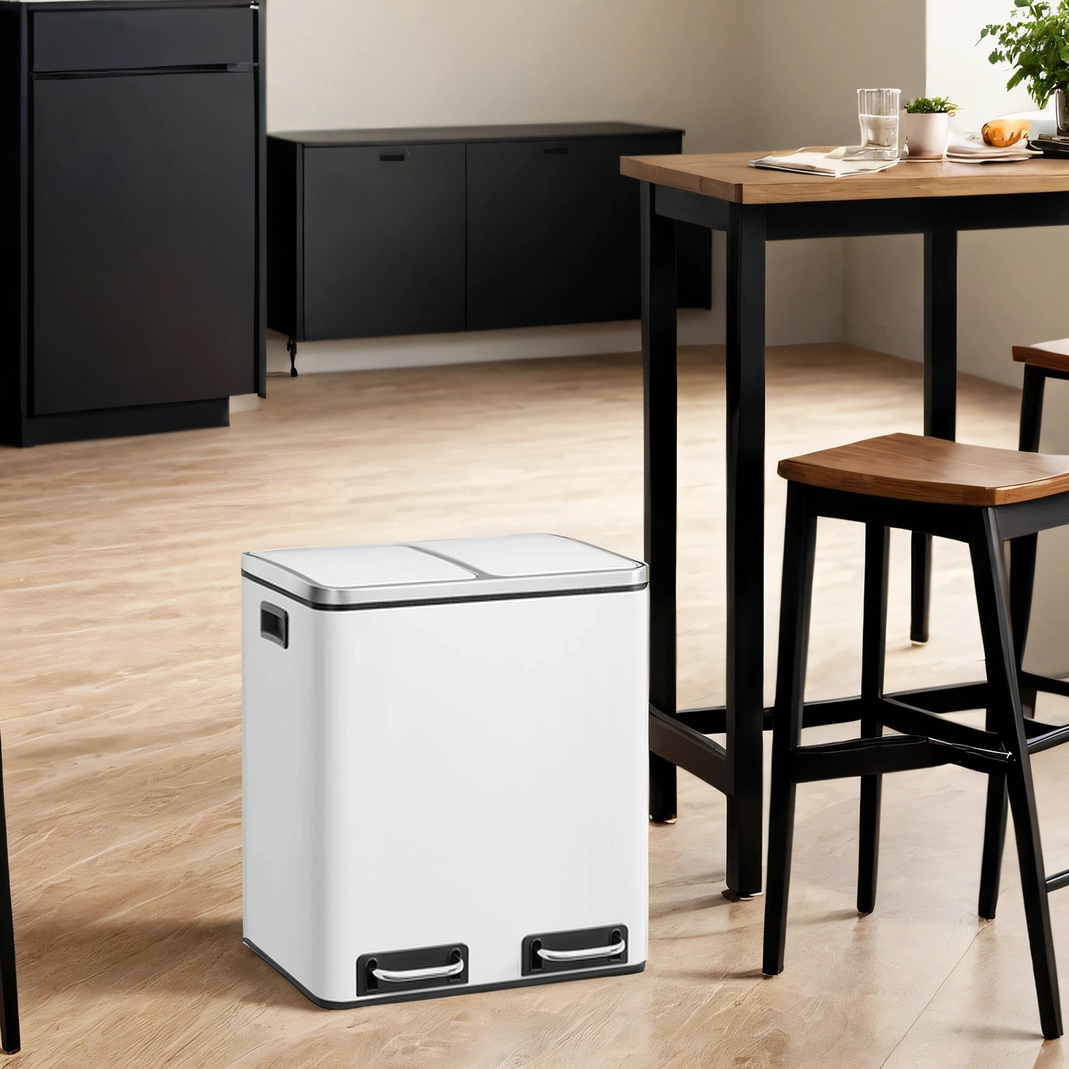 Kitchen Bin - VERRA Double 2 x 15L Pedal Rubbish Bin with Inner Bucket - White - Indigo Home