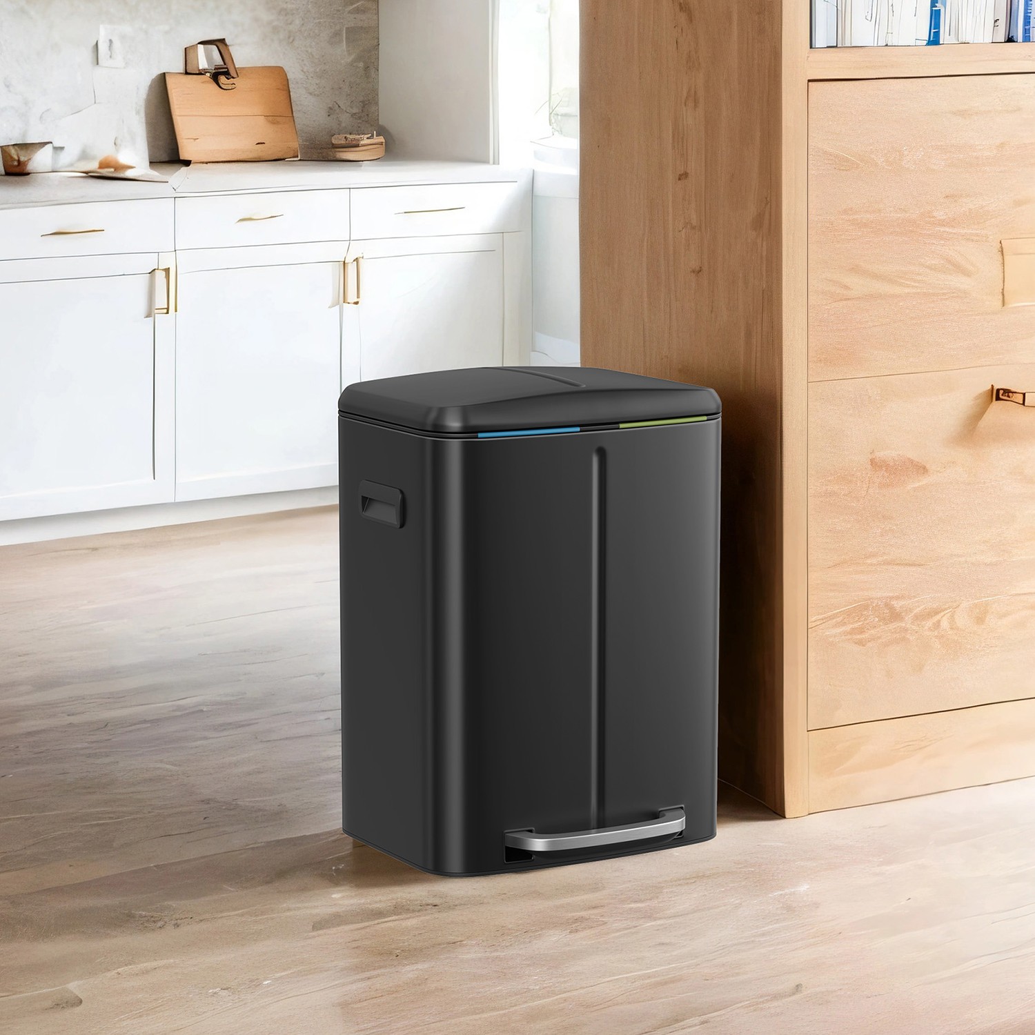 Kitchen Bin - VERRA 40L Double Rubbish Bin with Soft-Close Lid and Plastic Bucket - Black - Indigo Home