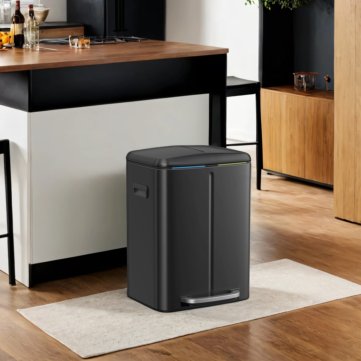 Kitchen Bin - VERRA 40L Double Rubbish Bin with Soft-Close Lid and Plastic Bucket - Grey - Indigo Home