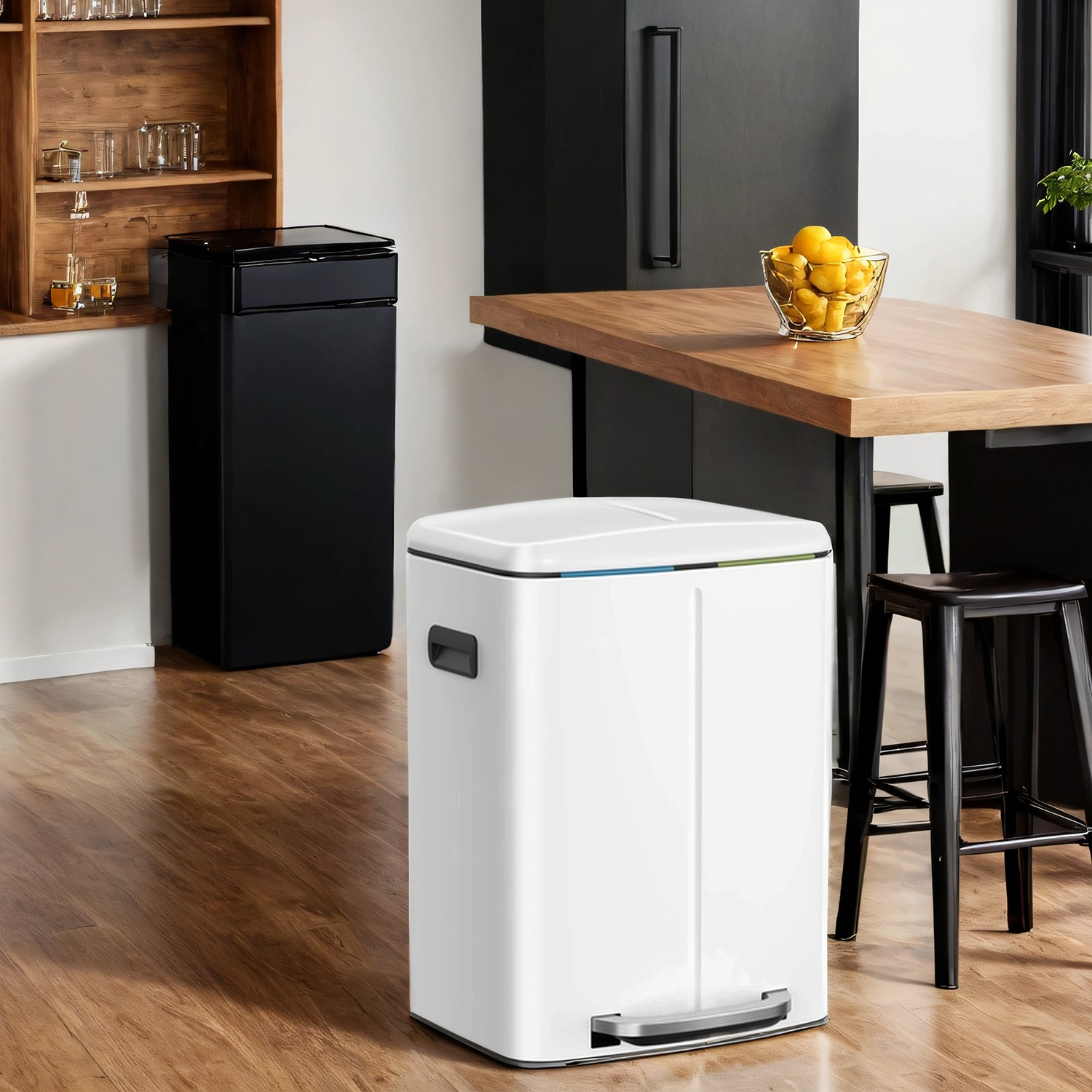 Kitchen Bin - VERRA 40L Double Rubbish Bin with Soft-Close Lid and Plastic Bucket - White - Indigo Home
