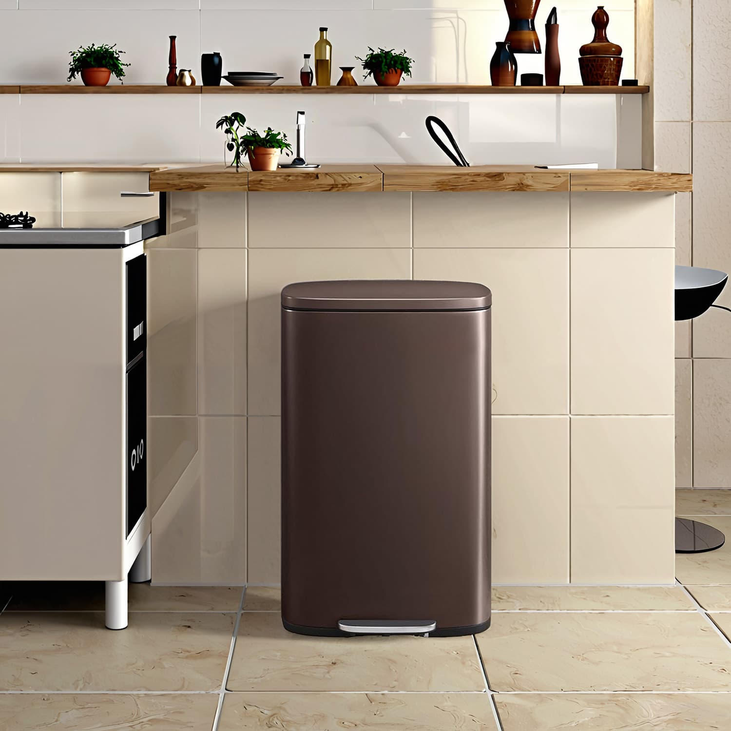 Kitchen Bin - VERRA 50L Stainless Steel Trash Bin with Foot Pedal - Brown - Indigo Home