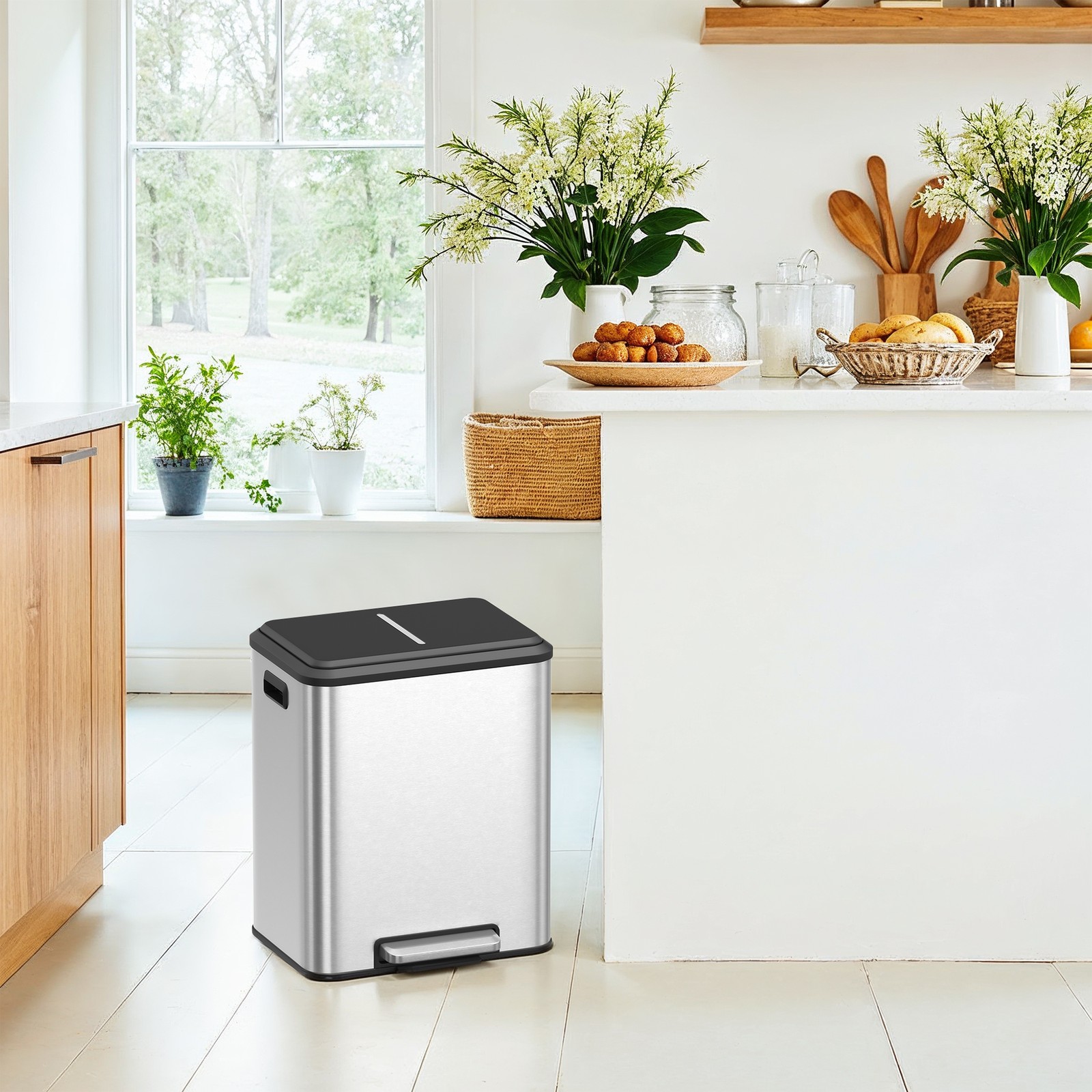 Kitchen Bin - VERRA Double 2 x 15L Soft-Close Rubbish Bin - Silver - Indigo Home