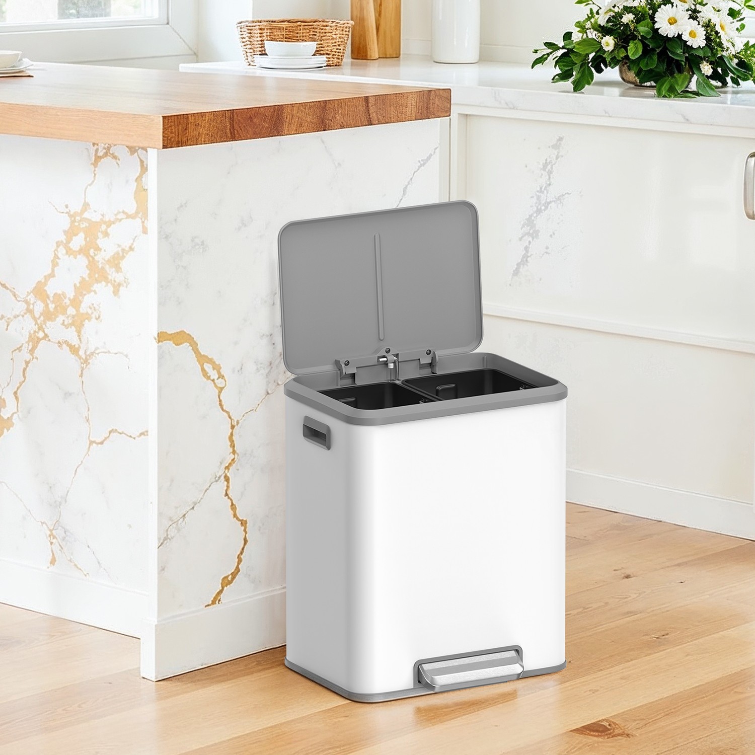 Kitchen Bin - VERRA Double 2 x 15L Rubbish Bin with Soft-Close Lid - White - Indigo Home