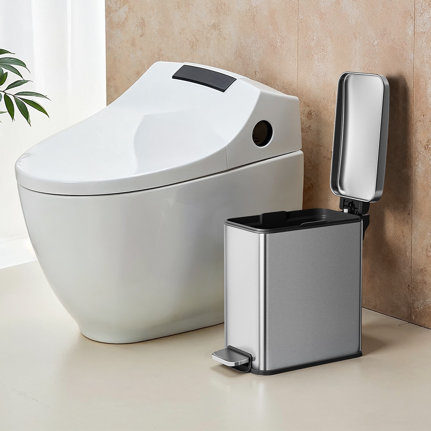 Bathroom Bin - VERRA 10L Soft Close Toilet Bin with Lid - Silver - Indigo Home