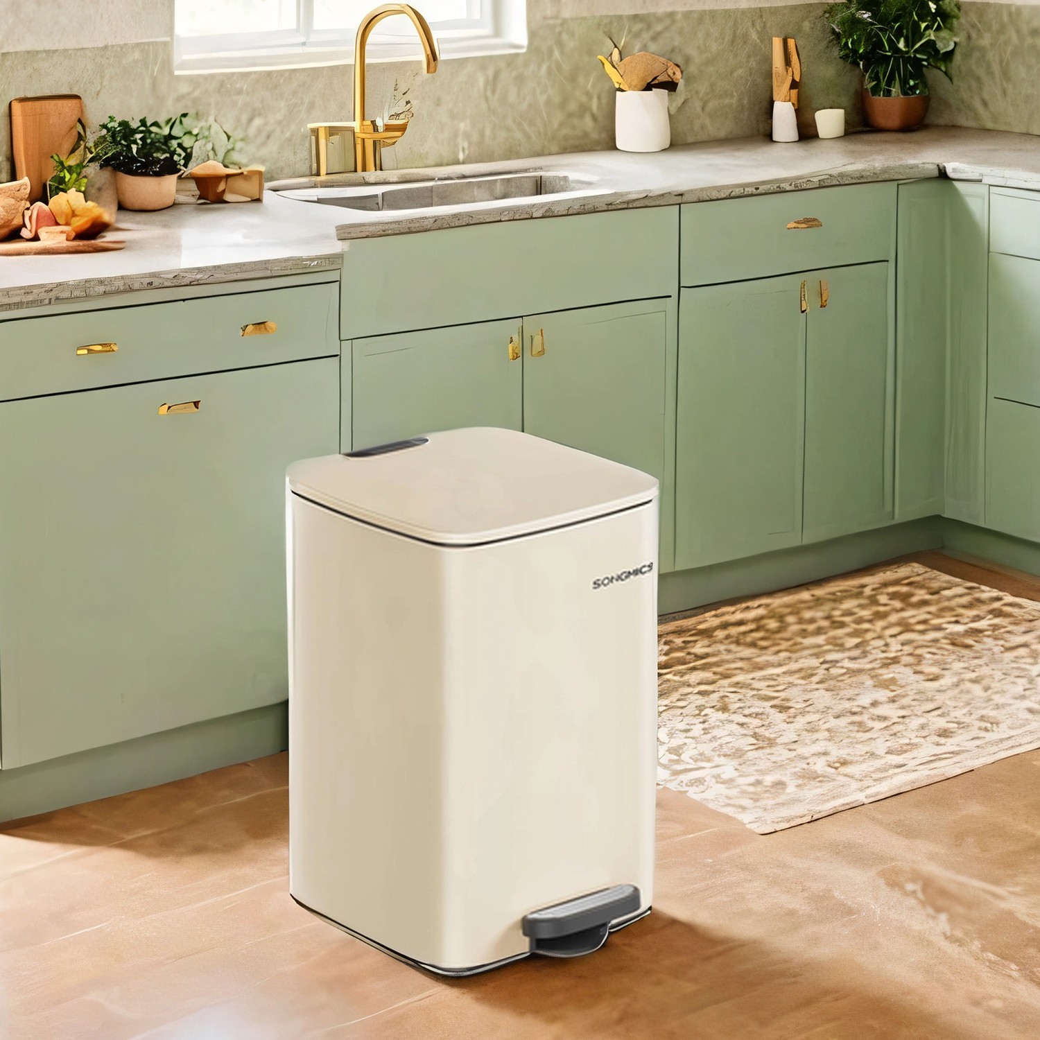 Trash Can - VERRA 20L Kitchen Garbage Bin Soft Close Stays Open - Sand Beige - Indigo Home