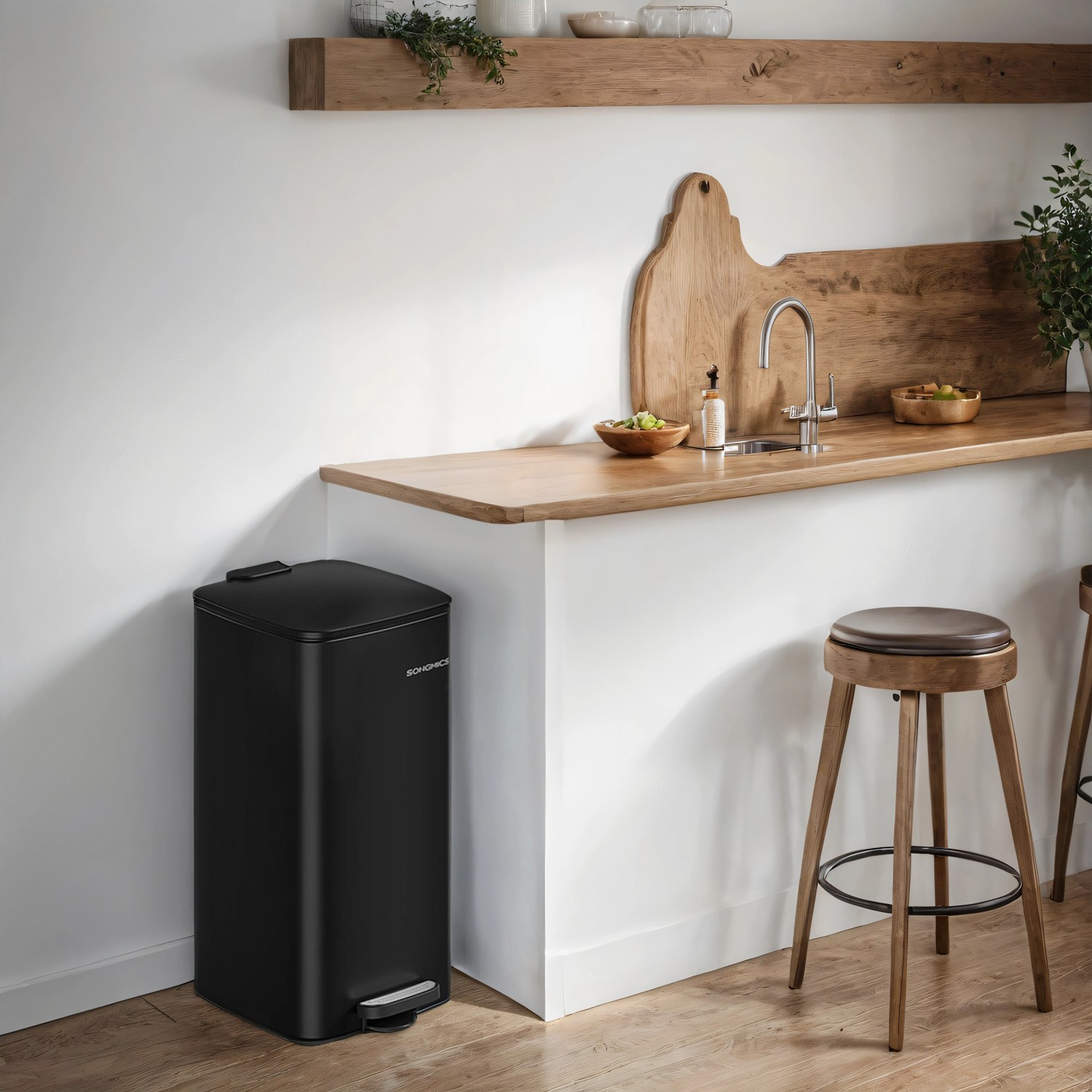 Trash Can - VERRA 8-Gallon Stainless Steel Kitchen Garbage Bin with Foot Pedal - Black - Indigo Home