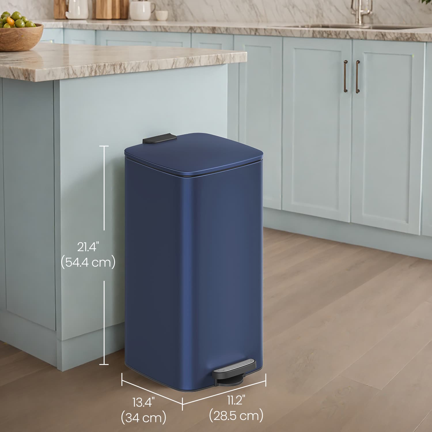 Trash Can - VERRA 8-Gallon Stainless Steel Kitchen Garbage Bin - Midnight Blue - Indigo Home