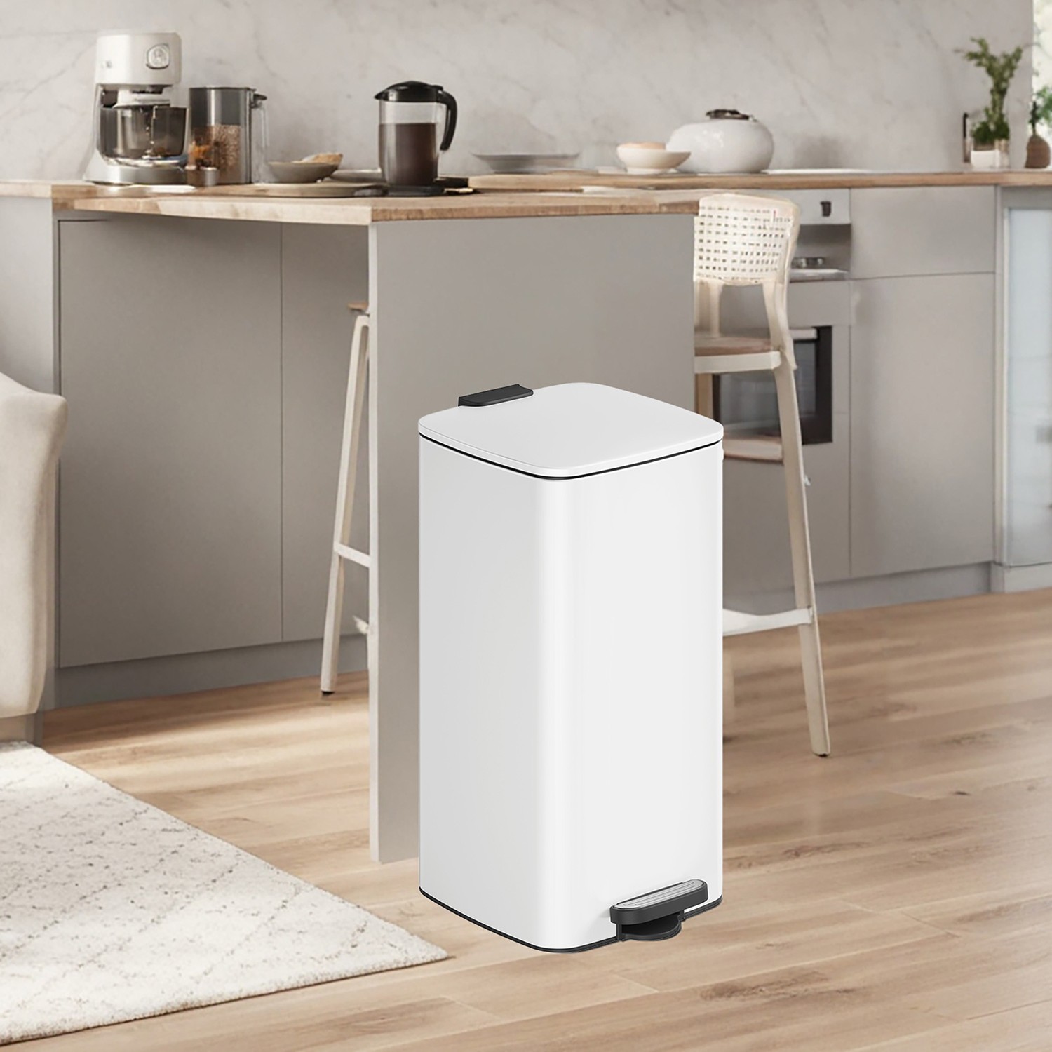 Trash Can - VERRA 8-Gallon Stainless Steel Kitchen Garbage Bin - White - Indigo Home