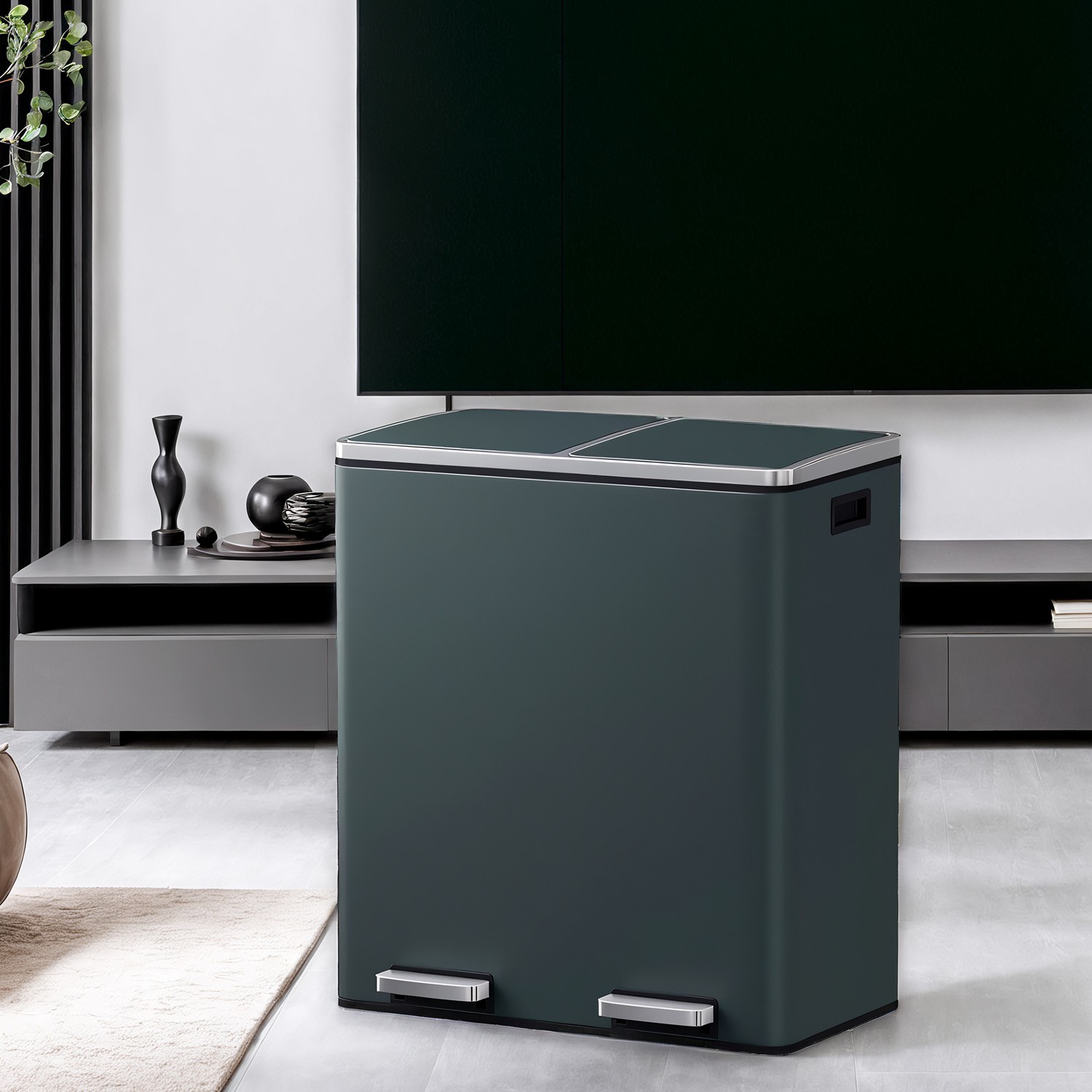 Kitchen Bin - VERRA Double 2 x 30L Pedal Rubbish Bin with Lids - Greenish Grey - Indigo Home
