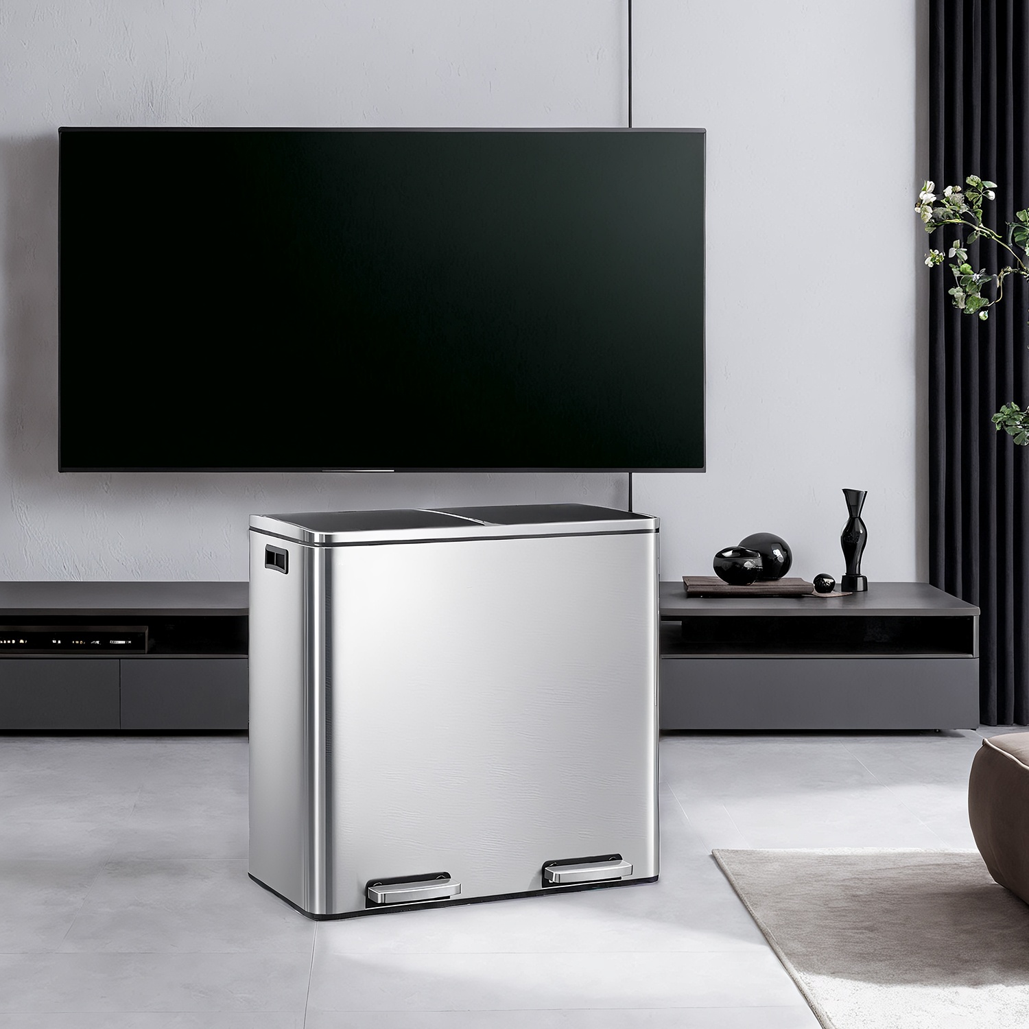 Kitchen Bin - VERRA Double 2 x 30L Pedal Rubbish Bin with Lids - Silver - Indigo Home