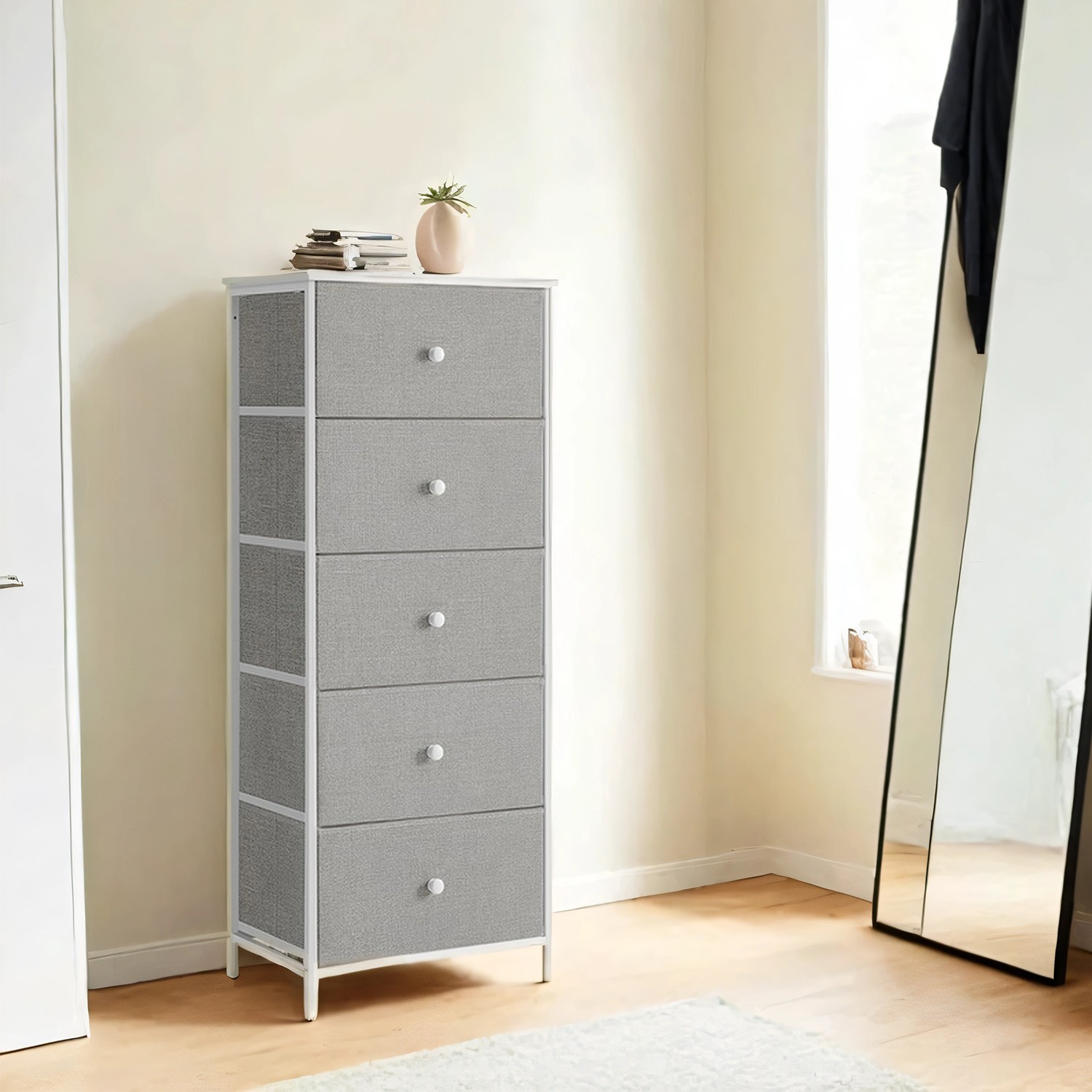 VERRA Light Grey Chest of Drawer - Medium-sized, 5 Drawers - Indigo Home