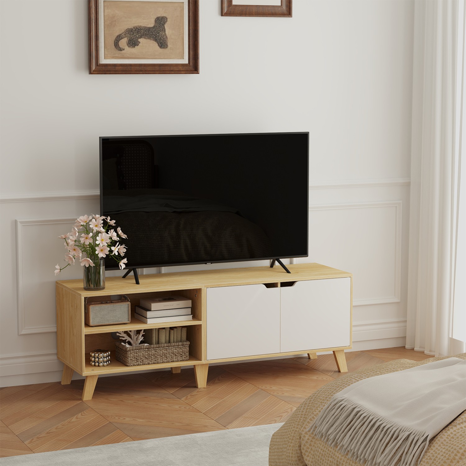 TV Cabinet - VERRA 140cm 2 Door Stand Fits TVs up to 60 Inches - Natural Oak - Indigo Home