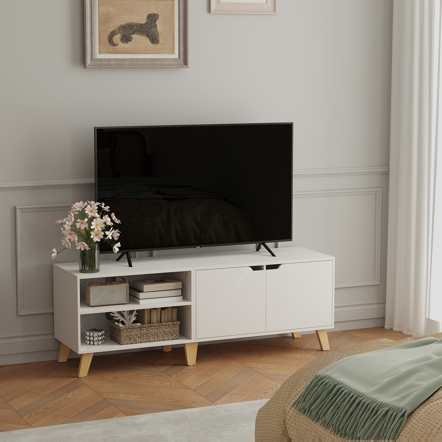 TV Cabinet - VERRA 140 cm Long Stand with 2 Doors Fits TVs up to 60 Inches - White - Indigo Home