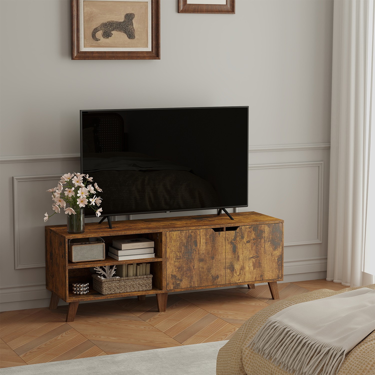 TV Cabinet - VERRA 140 cm Long Stand with 2 Doors Fits TVs up to 60 Inches - Brown - Indigo Home