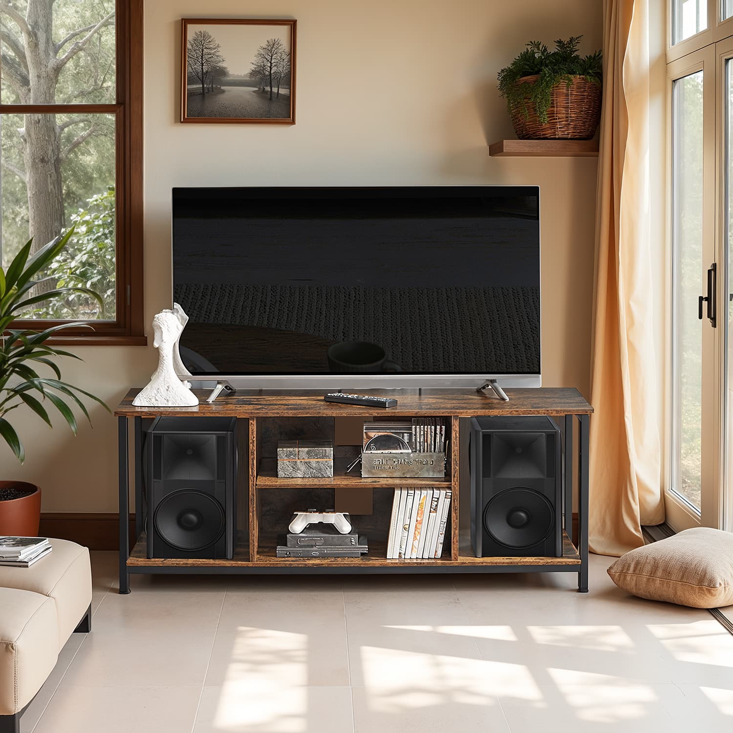 TV Stand - VERRA Cabinet Open Shelves Fits TVs up to 60 Inches - Black Brown - Indigo Home