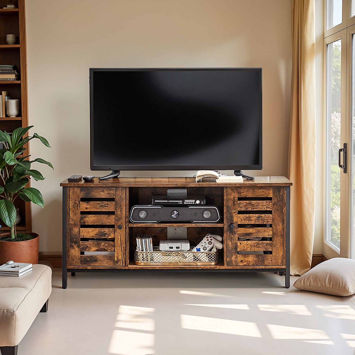 TV Stand - VERRA Console Unit with Shelves and Storage Cabinet - Brown Black - Indigo Home