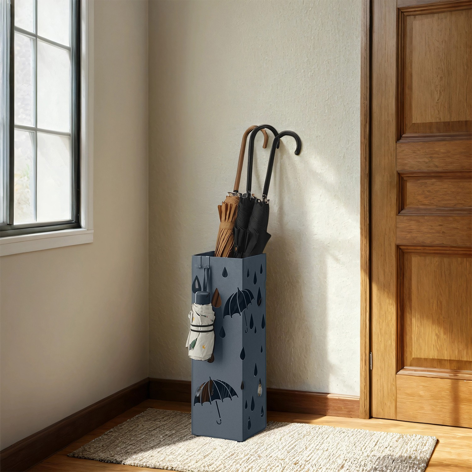Umbrella Holder - VERRA Metal Stand with Hooks and Drip Tray - Grey - Indigo Home