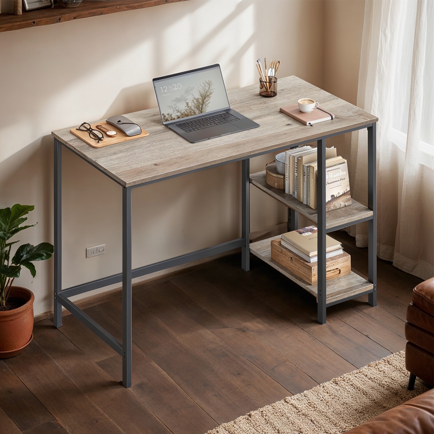 Writing Desk - VERRA Computer Desk with 2 Shelves - Natural Black - Indigo Home