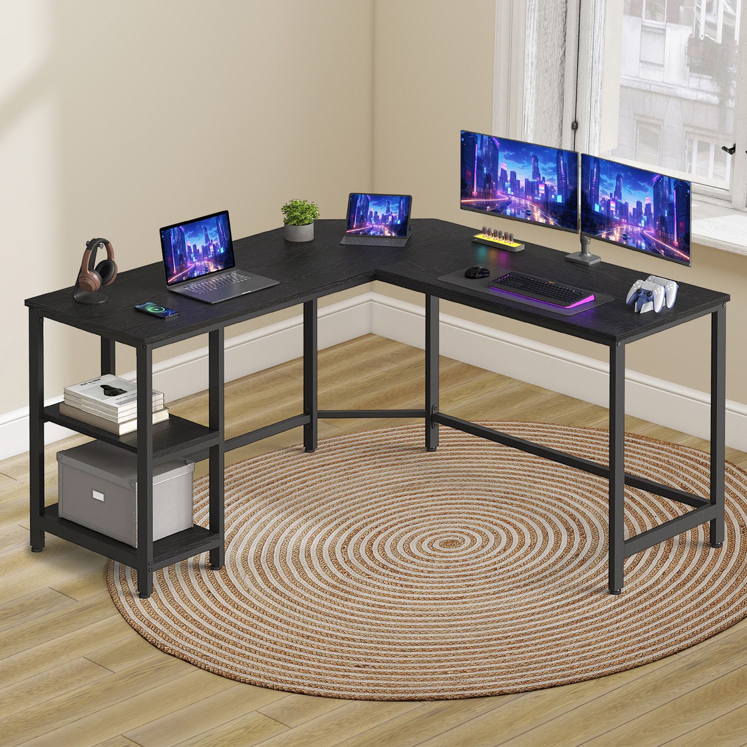 Gaming Desk - VERRA L-Shaped Corner Desk with Storage Shelves - Ebony Black - Indigo Home