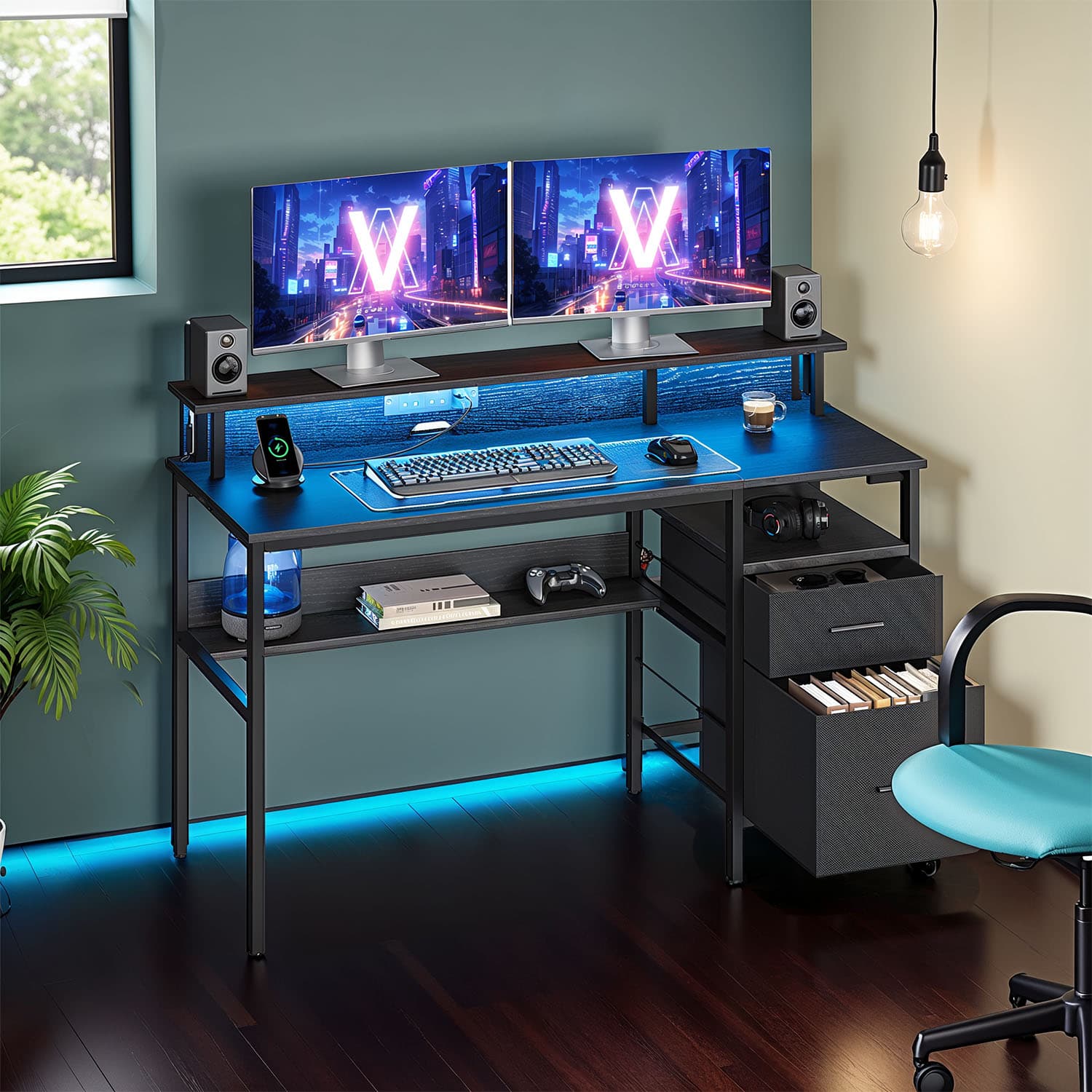 Gaming Desk - VERRA Computer Desk with LED Lights, Power Outlets, Monitor Shelf - White - Indigo Home