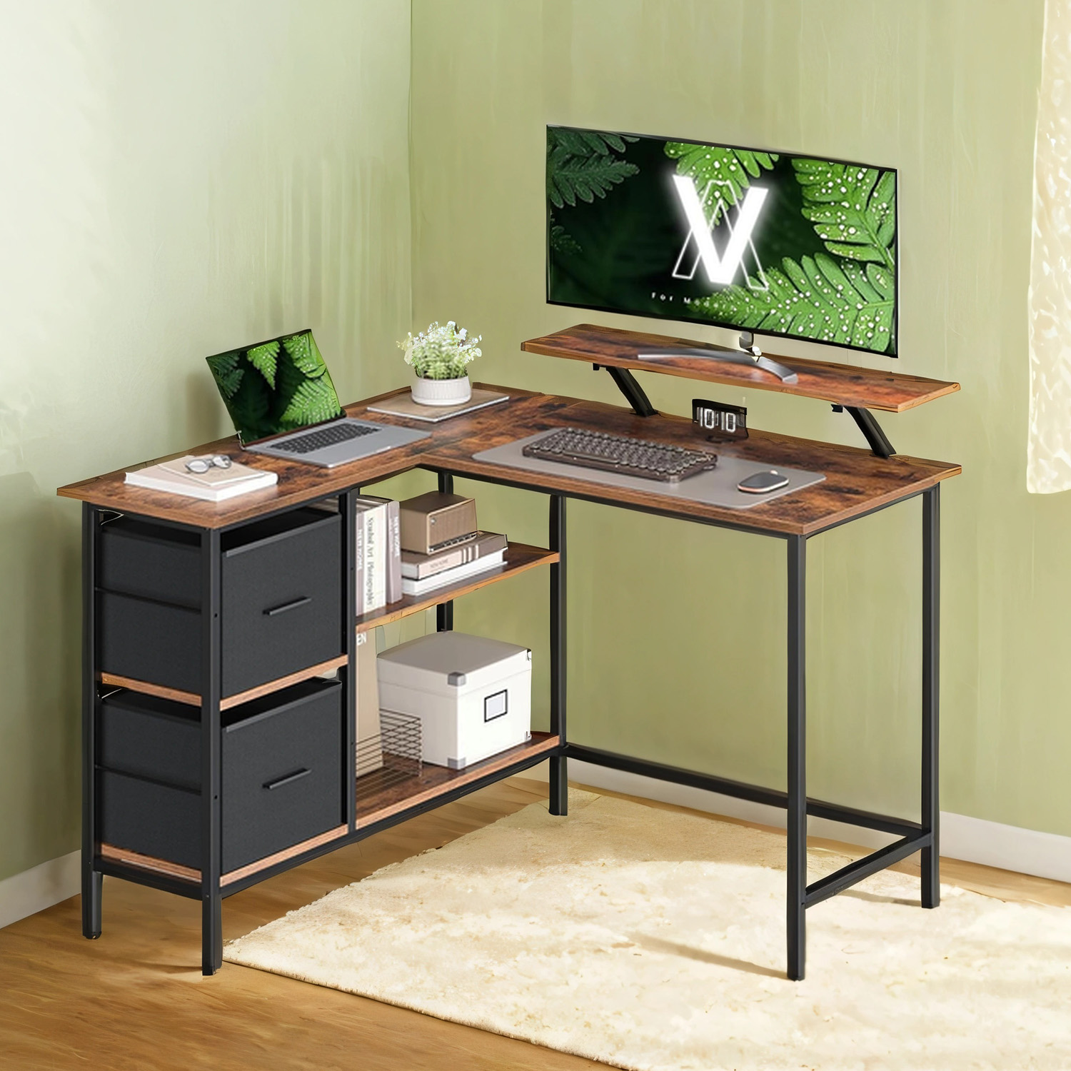 Gaming Desk - VERRA L-Shaped with Monitor Stand, Drawers, Adjustable Shelf 115cm - Rustic Brown - Indigo Home