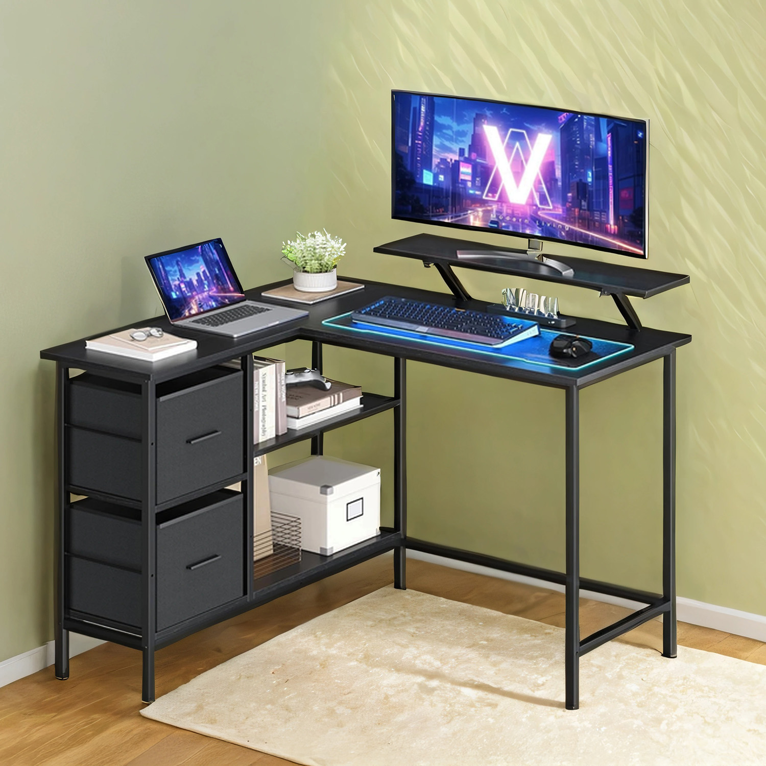 Gaming Desk - VERRA L-Shaped with Monitor Stand, Drawers, Adjustable Shelf 115cm - Ebony Black - Indigo Home