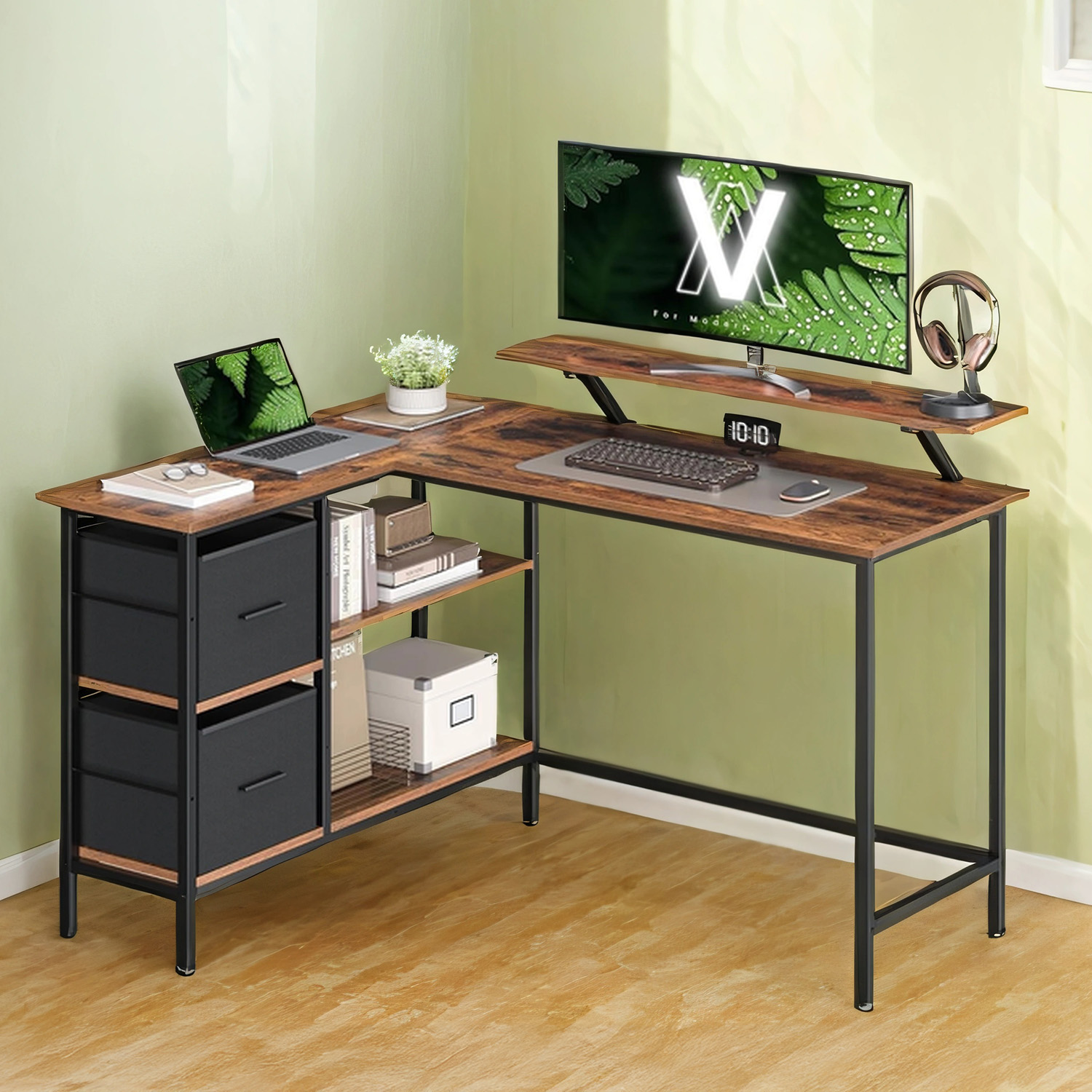 Gaming Desk - VERRA L-Shaped with Monitor Stand, Drawers, Adjustable Shelf 135cm - Ebony Black - Indigo Home